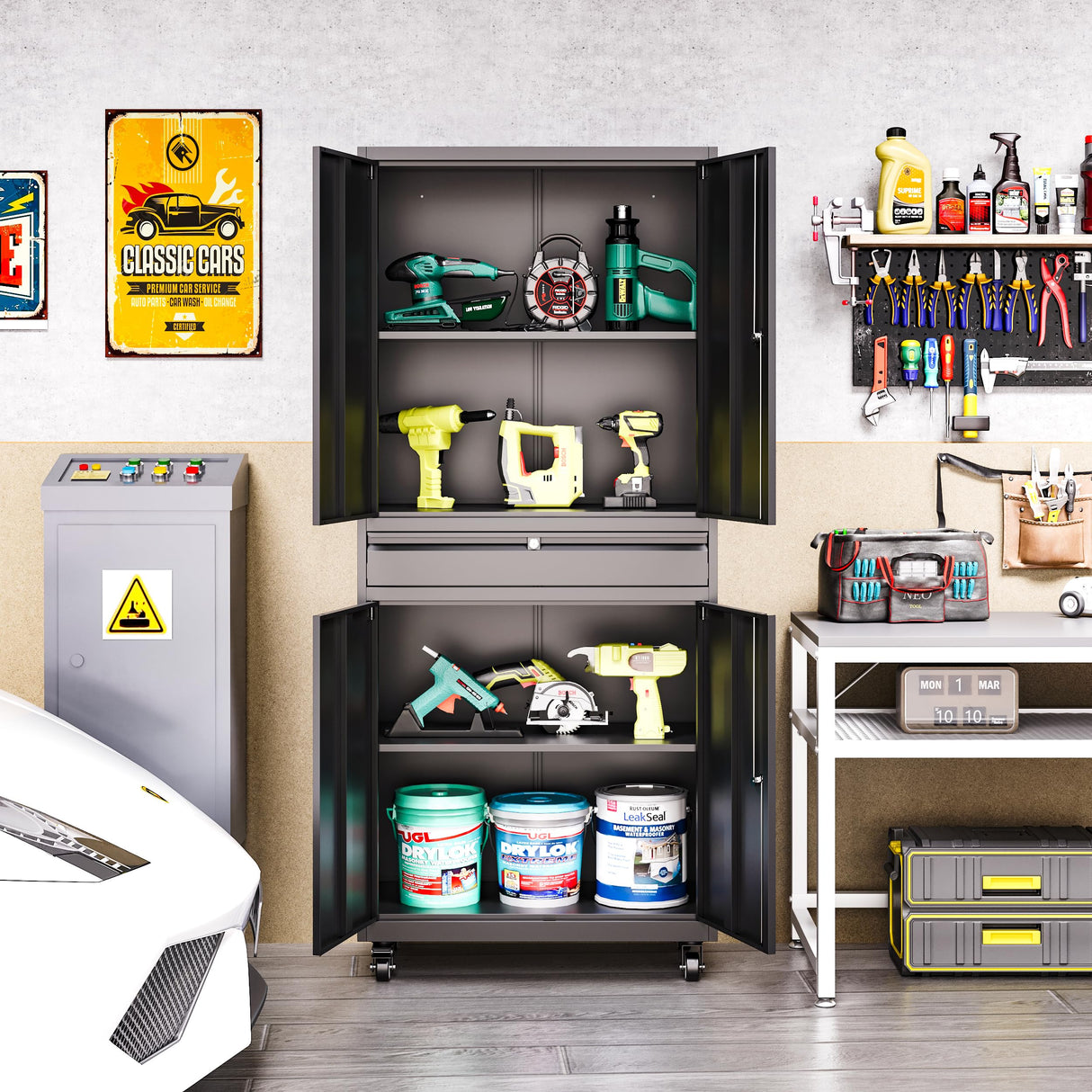 LISSIMO Metal Storage Cabinet with Wheels, Locking Garage Storage Cabinet with Adjustable Shelves and Drawer, Rolling Tool Cabinet for Home Office LISSIMO