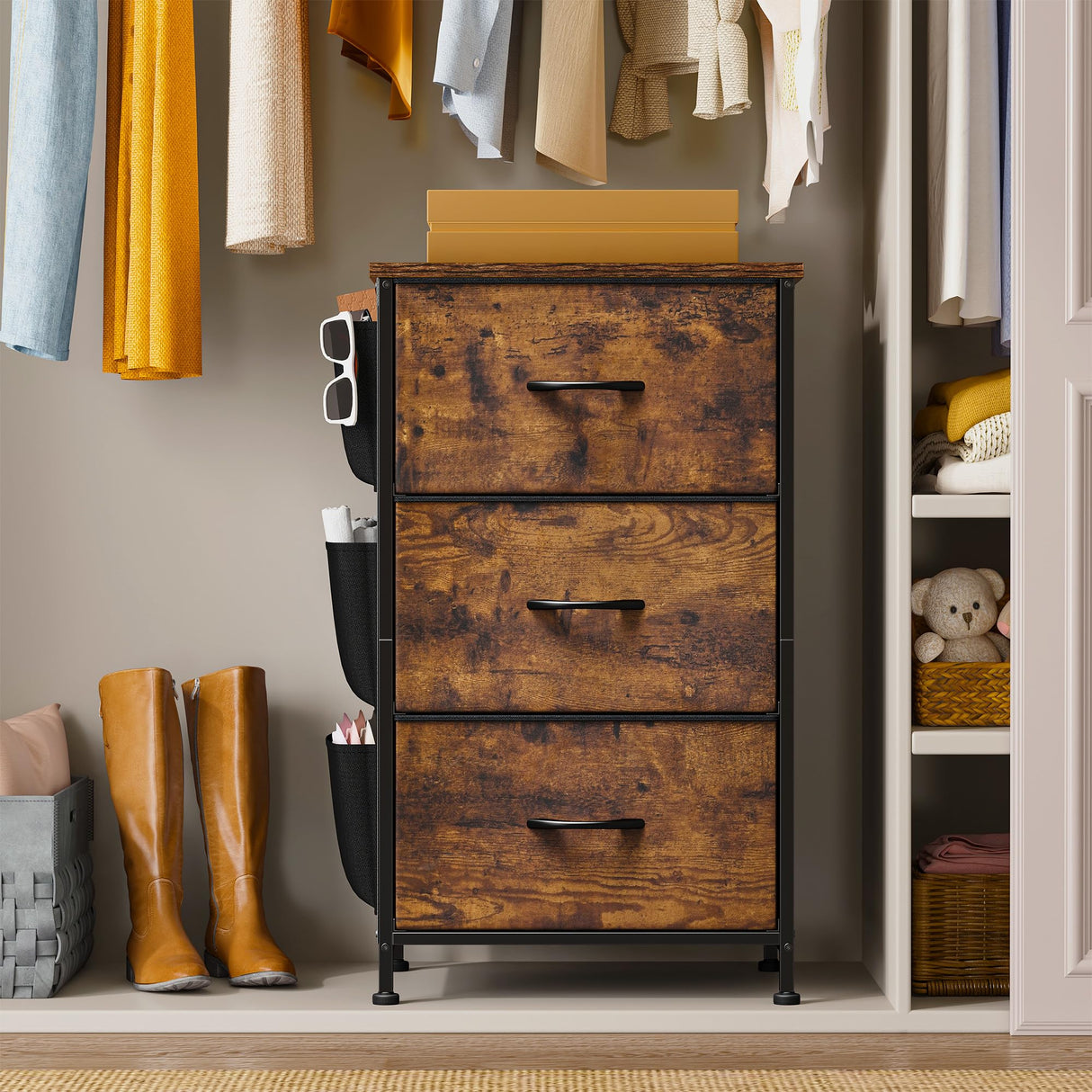 EnHomee Nightstand Set of 2, Night Stand with 3 Drawers for Bedroom, Bedside Table with Wooden Top, Sturdy Steel Frame End Table, Small Dresser for EnHomee