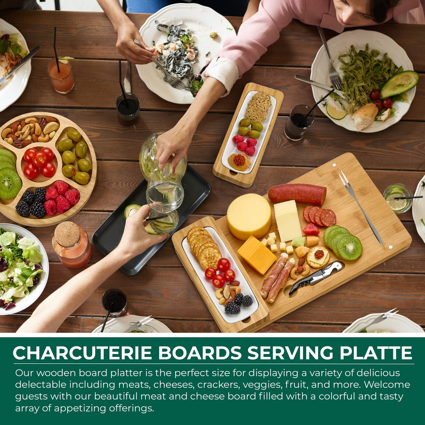Bamboo Cheese Board Set - Charcuterie Boards Serving Platter - Magnetic Removable Side Boards - Gift for Housewarming, Anniversary, and Birthdays -