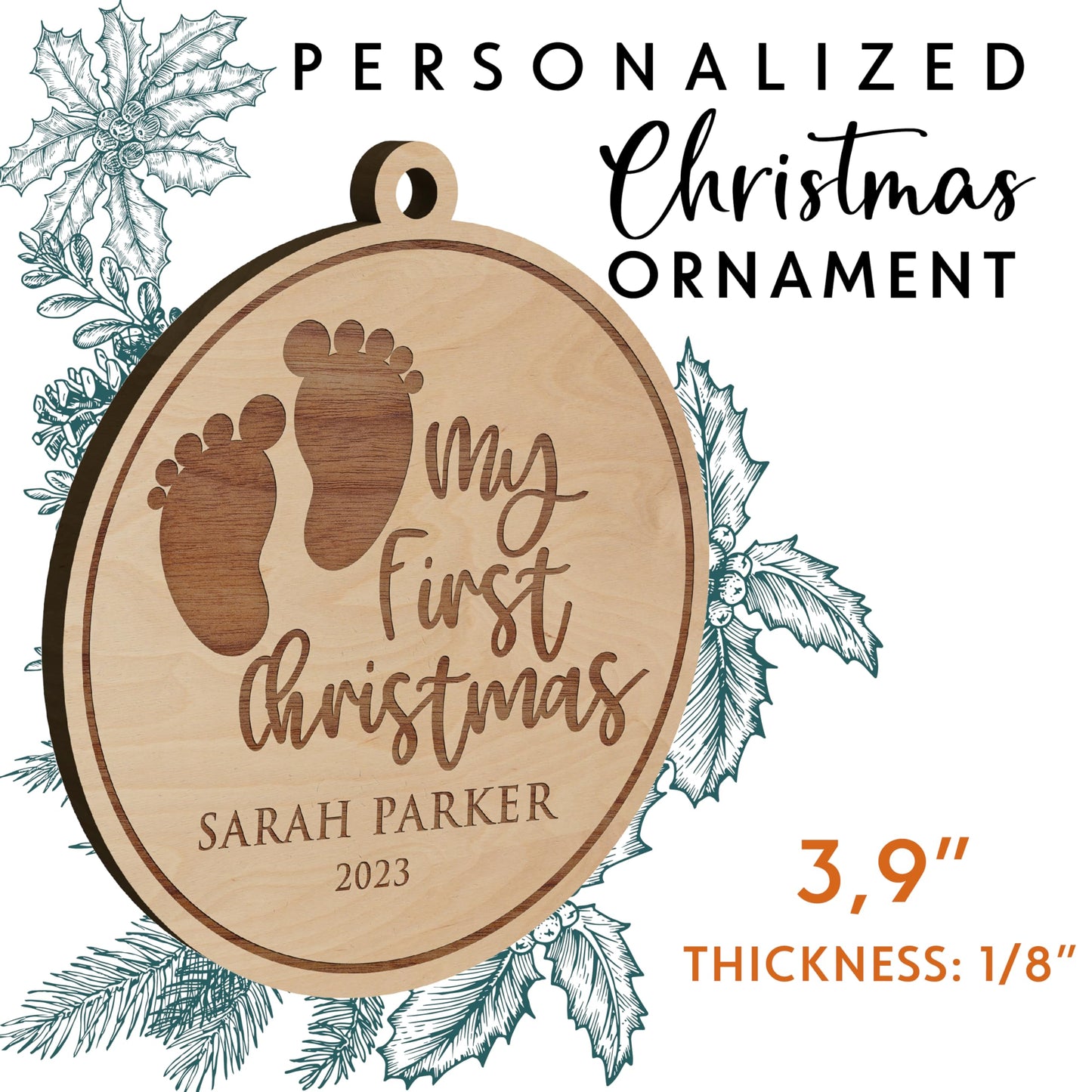 Personalized Baby's First Christmas Ornament 2023, Engraved Baby's Footprint with Custom Name & Date, Customized Baby's 1st Xmas Ornament for Baby - WoodArtSupply