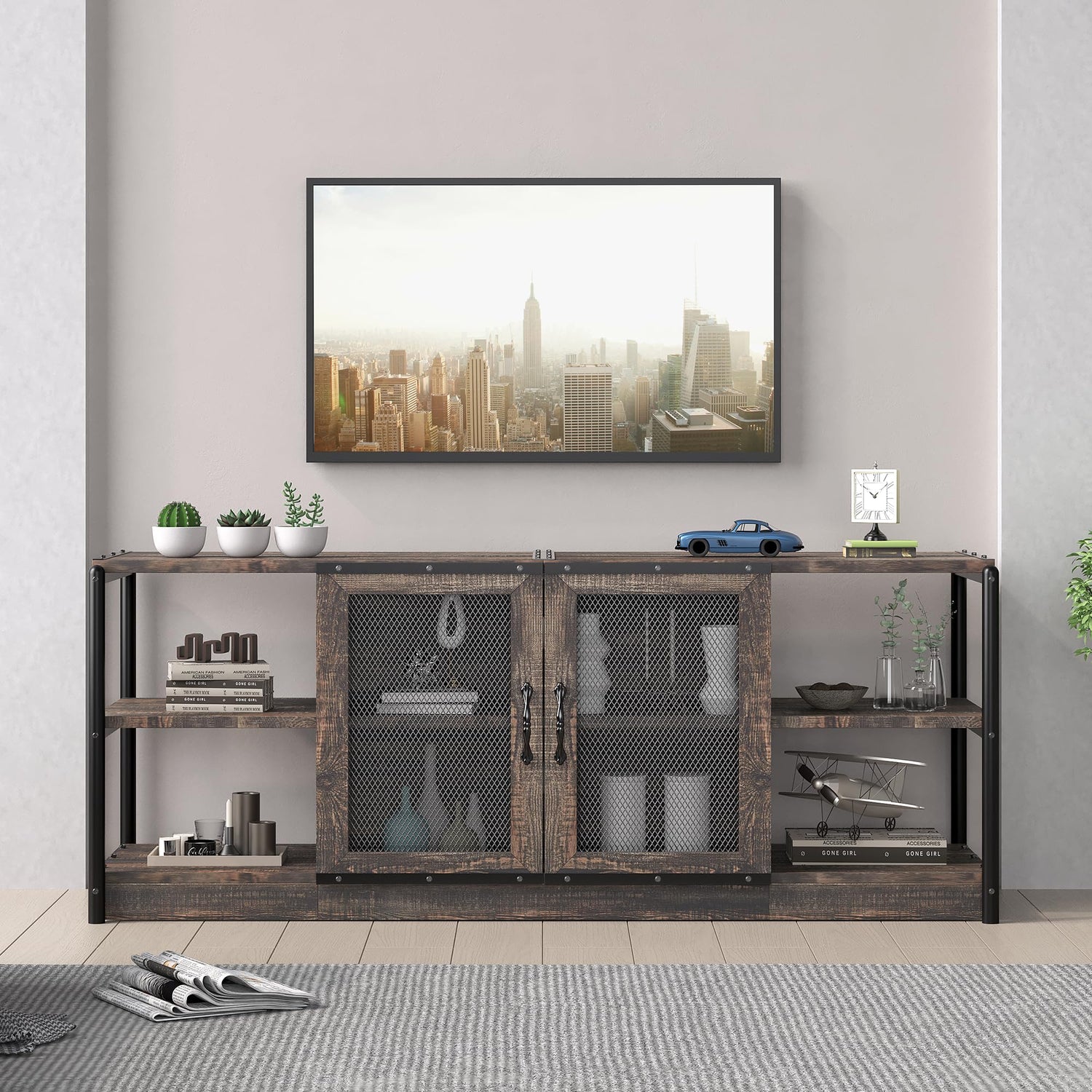 IDEALHOUSE TV Stand for 65+ Inch TV, Industrial Entertainment Center TV Media Console Table, Farmhouse TV Stand with Storage and Mesh Door, TV IDEALHOUSE