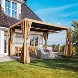 HAPPATIO Louvered Pergola 10x13 Outdoor Pergola, Woodgrain-Look Metal Pergola with Adjustable Rainproof Roof, Patio Pergola with Curtains and HAPPATIO