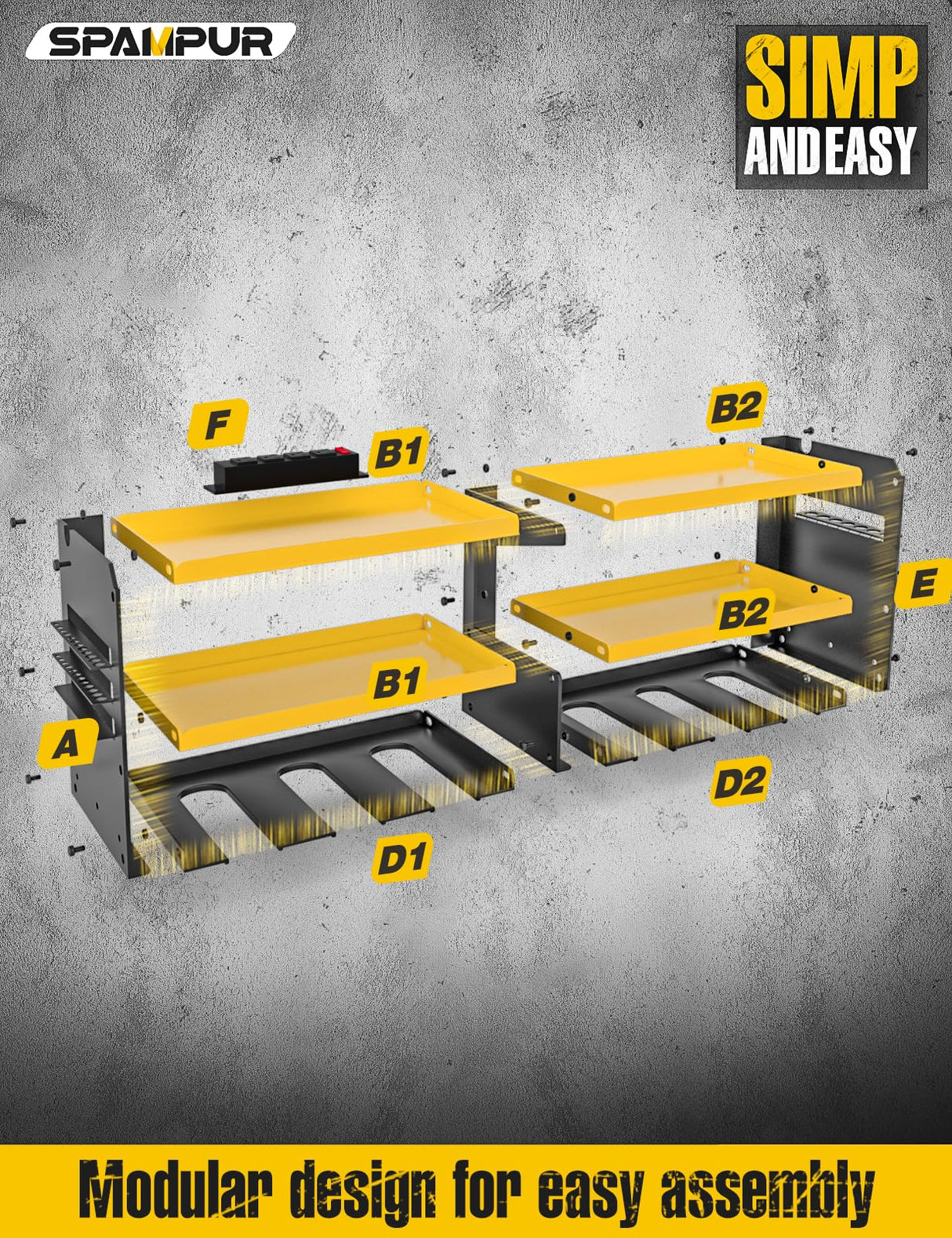 Spampur Power Tool Organizer Wall Mount with Charging Station, 6 Drill Holders Tool Shelf, Heavy Duty Garage shelves Utility Tool Storage, Tool Spampur