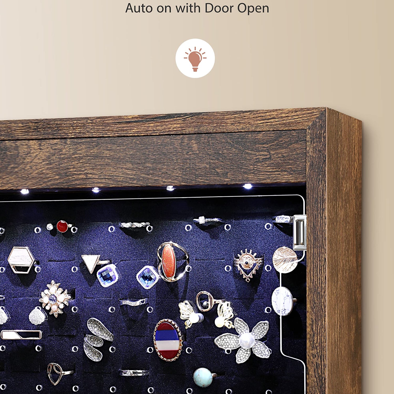 Nicetree 6 LEDs Mirror Jewelry Cabinet with 3 Improvements, 4.2" D Door/Wall Mounted Jewelry Armoire with Full Length Mirror, Larger Capacity, Nicetree