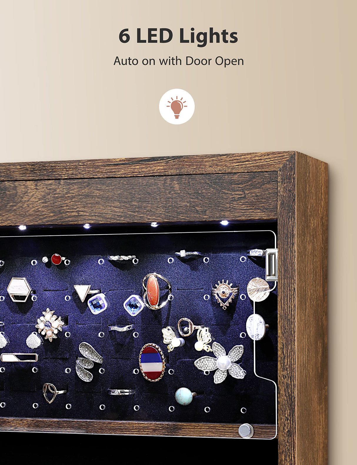 Nicetree 6 LEDs Mirror Jewelry Cabinet with 3 Improvements, 4.2" D Door/Wall Mounted Jewelry Armoire with Full Length Mirror, Larger Capacity, Nicetree