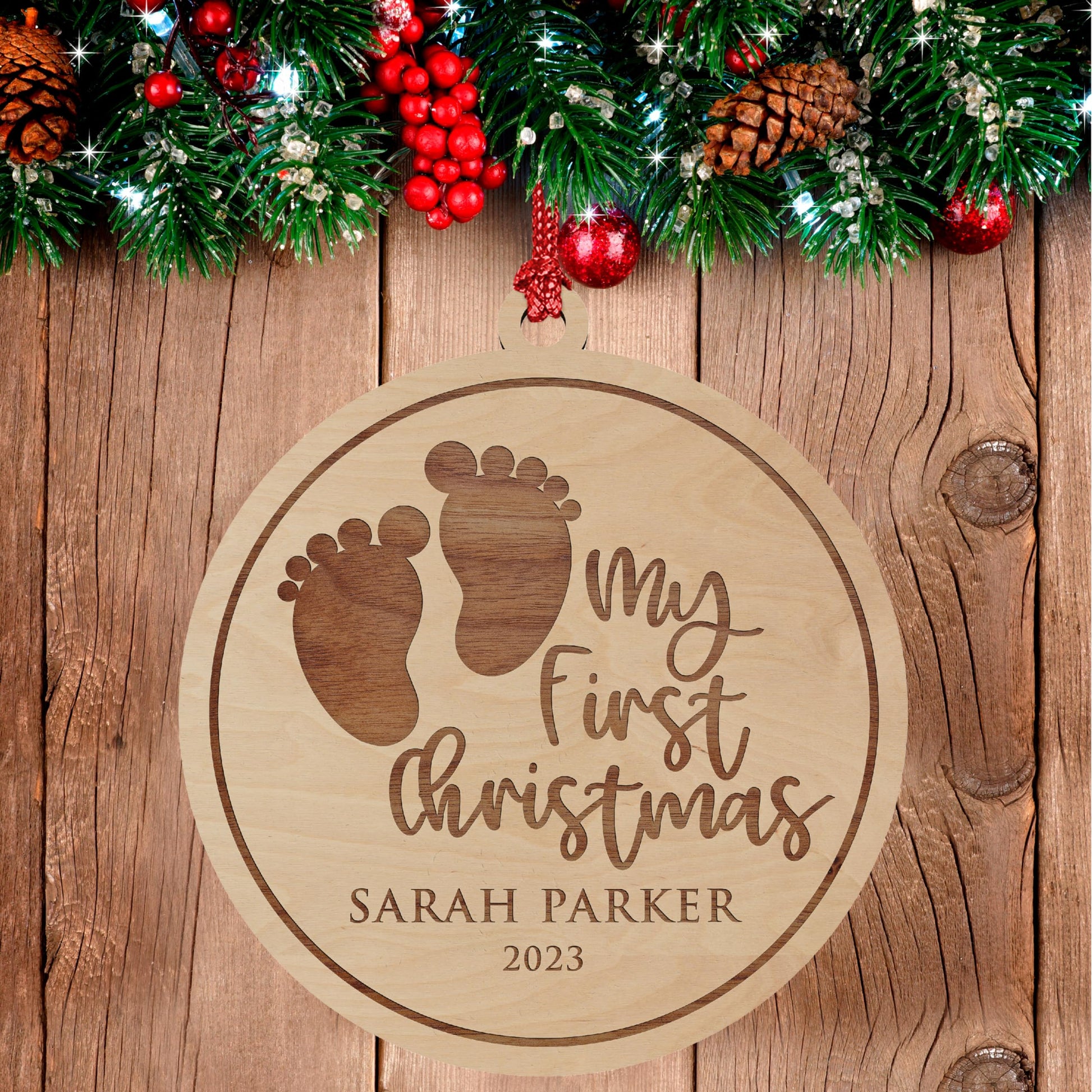 Personalized Baby's First Christmas Ornament 2023, Engraved Baby's Footprint with Custom Name & Date, Customized Baby's 1st Xmas Ornament for Baby - WoodArtSupply