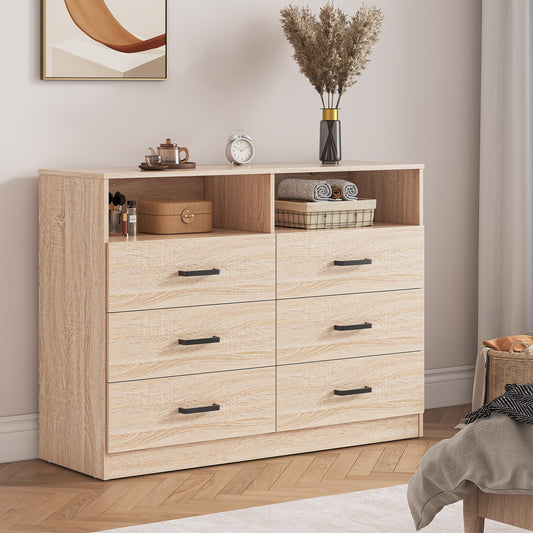 Bigbiglife 6 Drawer Dresser with Open Storage, Natural Wood Dresser, Modern Double Dresser for Bedroom, Living Room, Entryway, Light Oak