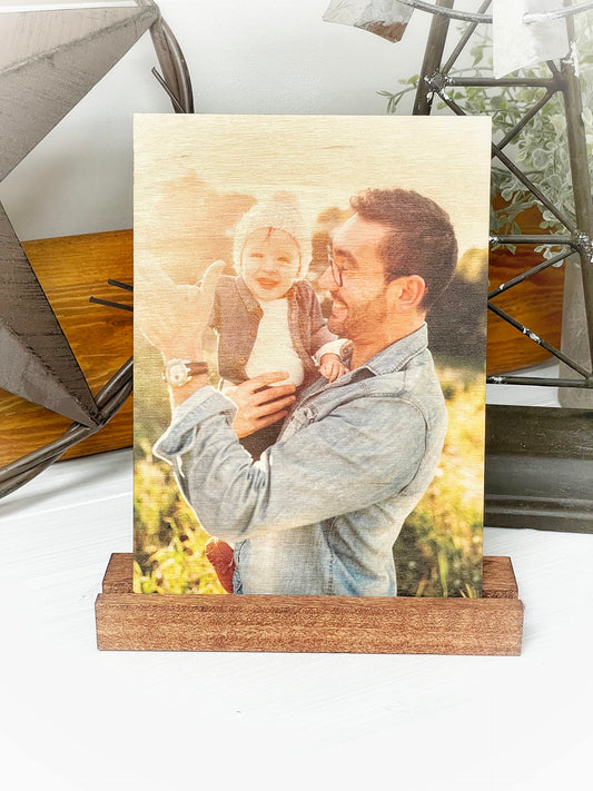 Your Photo on Wood with a Stained Wood Stand | Personalized Photo Frame | Popular Wedding Gift, Boyfriend Gift, Girlfriend Gift, and Birthday Gift - WoodArtSupply