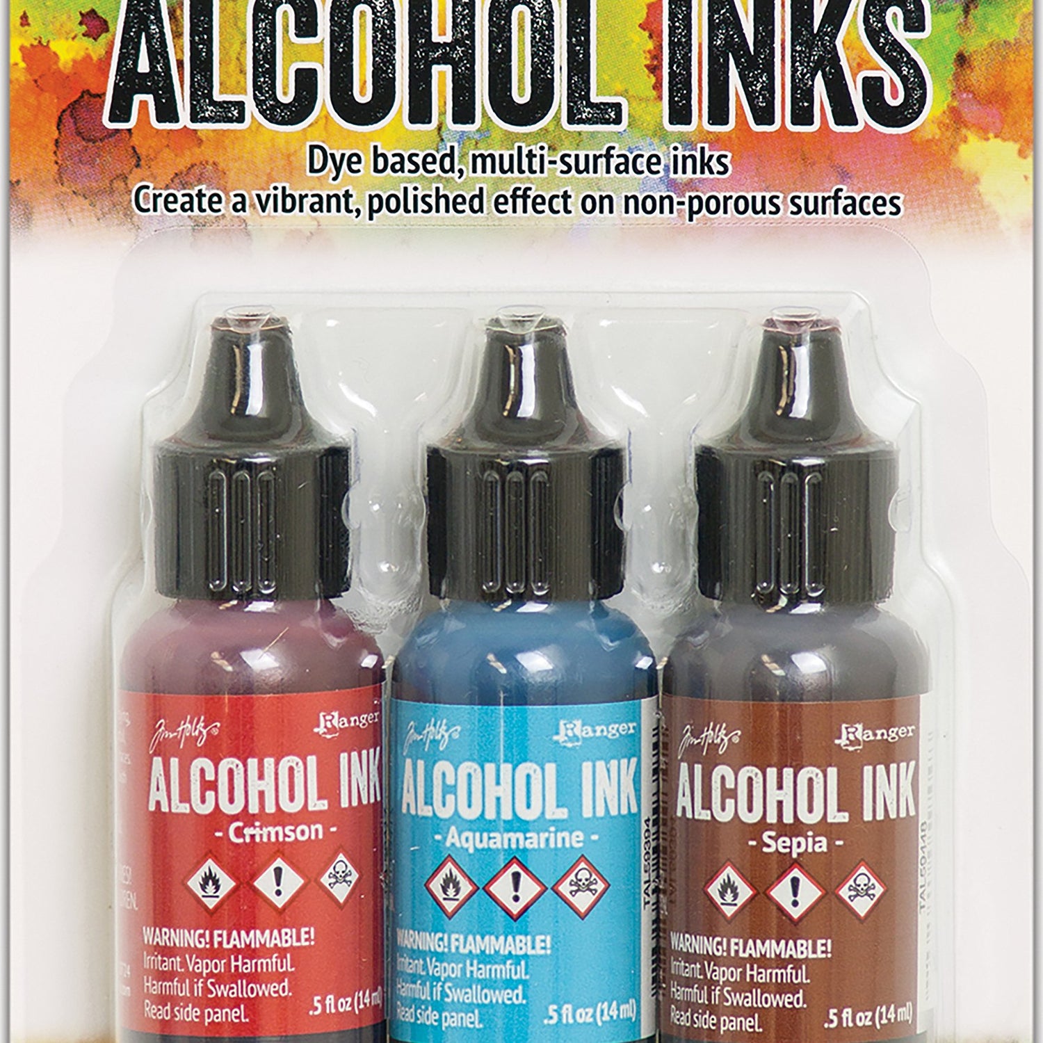 Ranger -Crimson/Aquamarine/Sepia Tim Holtz Alcohol Ink .5oz 3/Pkg, 0.5 oz, Blue Ranger