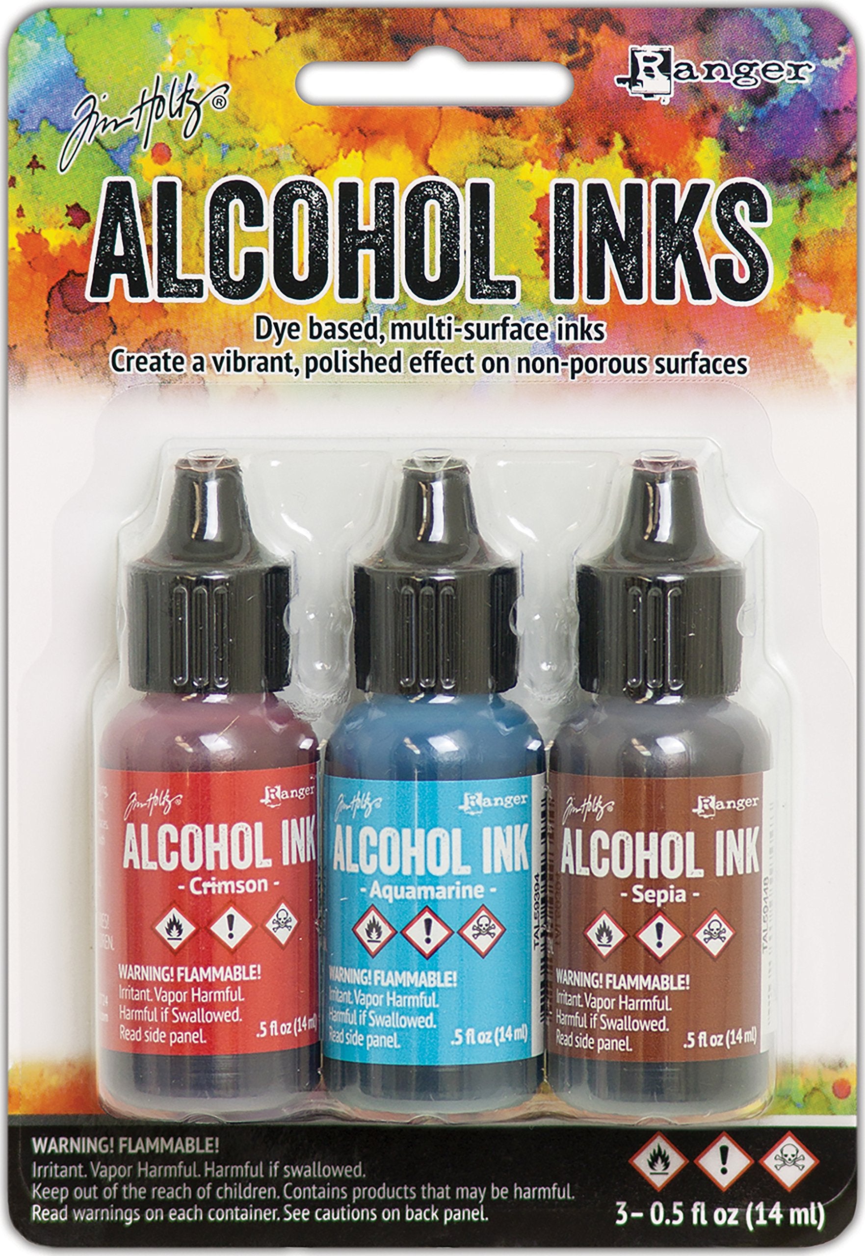 Ranger -Crimson/Aquamarine/Sepia Tim Holtz Alcohol Ink .5oz 3/Pkg, 0.5 oz, Blue - WoodArtSupply