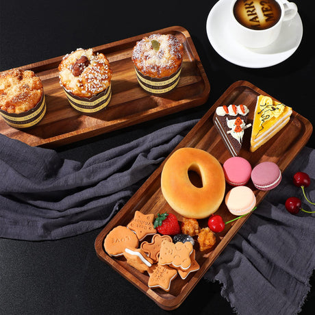 5 Pack Solid Acacia Wood Serving Trays, 14 x 5.5 Inches Rectangular Wooden Serving Board for Food Appetizer Serving Tray Plates for Vegetables Fruit Roowest