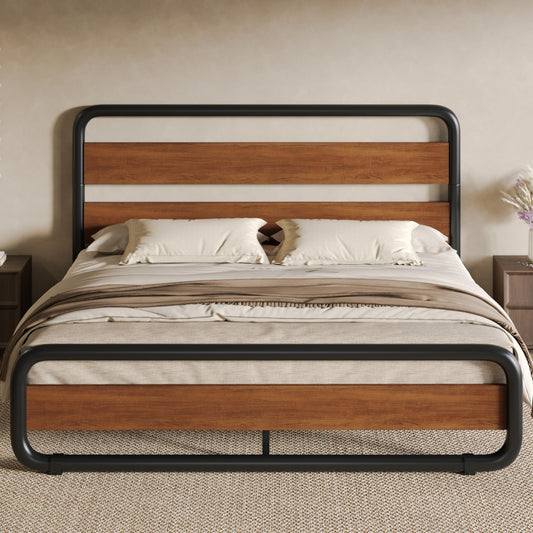 SHA CERLIN Heavy Duty Full Size Metal Bed Frame with Wooden Headboard & Footboard - Noise-Free Design with Under-Bed Storage - WoodArtSupply