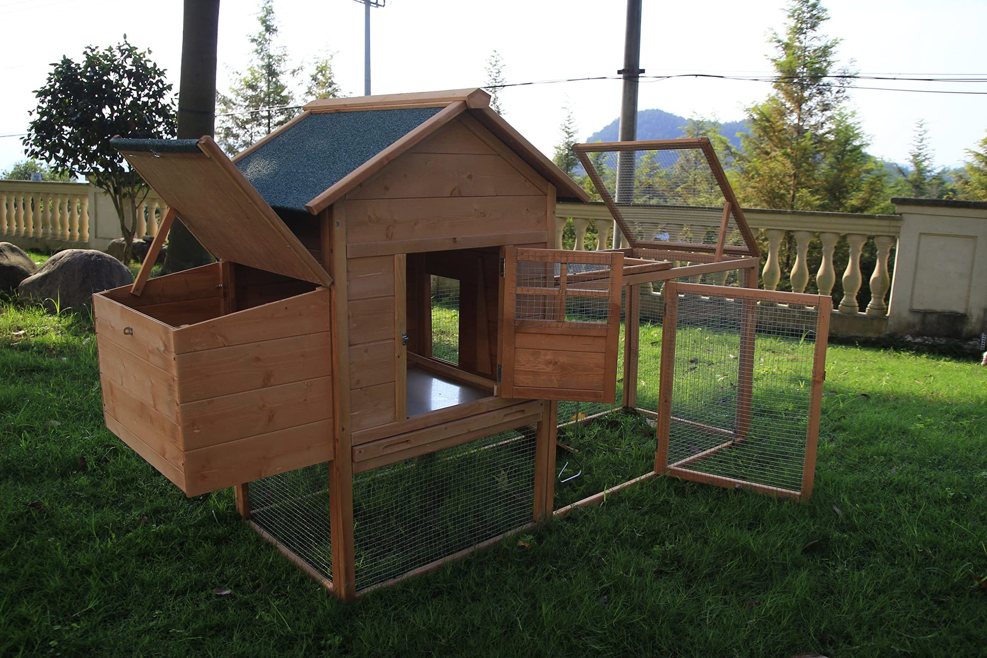 ECOLINEAR Chicken Coop for 2-4 Chickens Wooden Rabbit Hutch Outdoor Hen House Poultry Pet Coop Nest Box Garden Backyard Cage (80") - WoodArtSupply