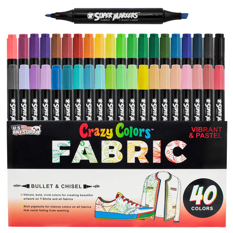 Super Markers 40 Unique Primary & Pastel Colors Dual Tip Fabric & T-Shirt Marker Set - Double-Ended Fabric Markers with Chisel Point and Fine Point US Art Supply