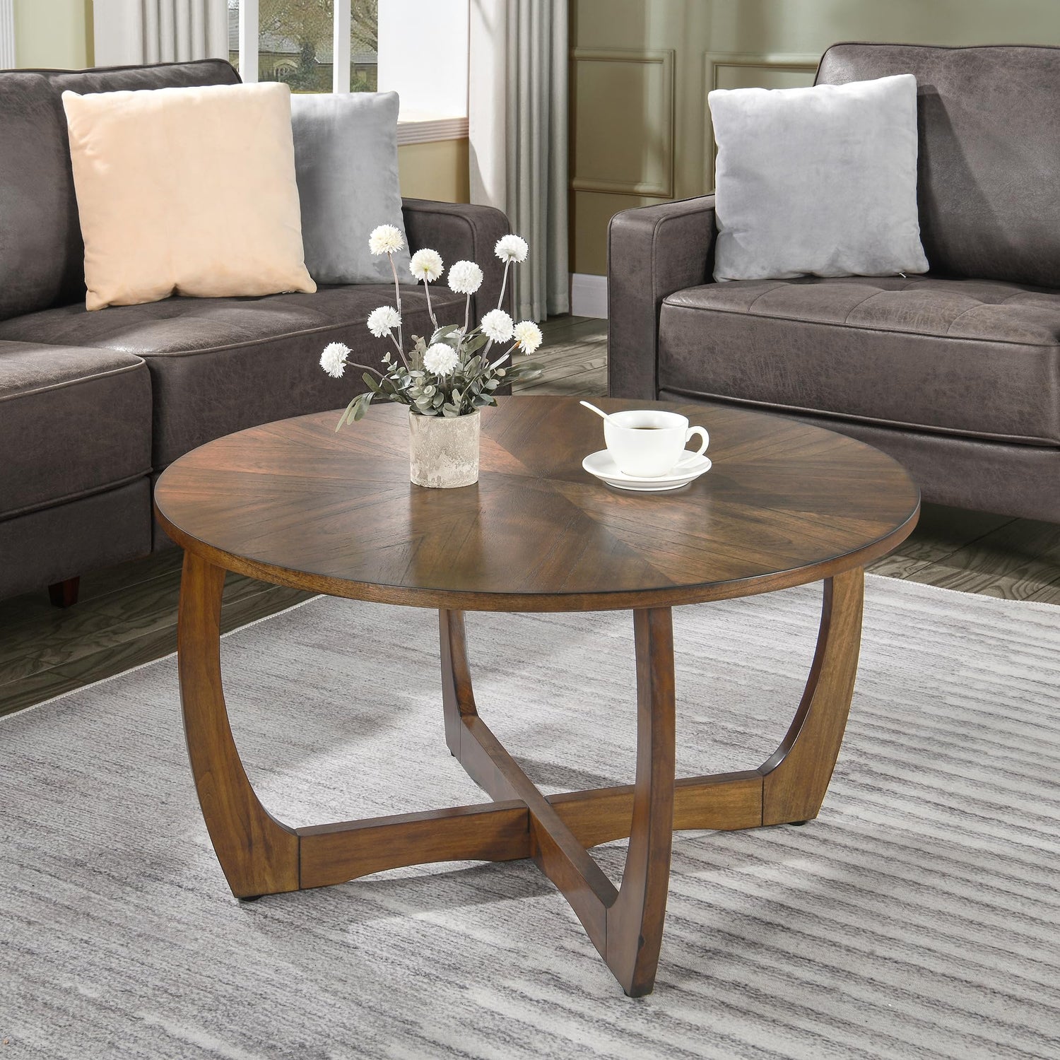LEEMTORIG Round Coffee Table for Living Room Patio, 33.5" Mid-Century Modern Drum Round Wood Coffee Table with Cross Legs, Wood Grain Circle Coffee LEEMTORIG