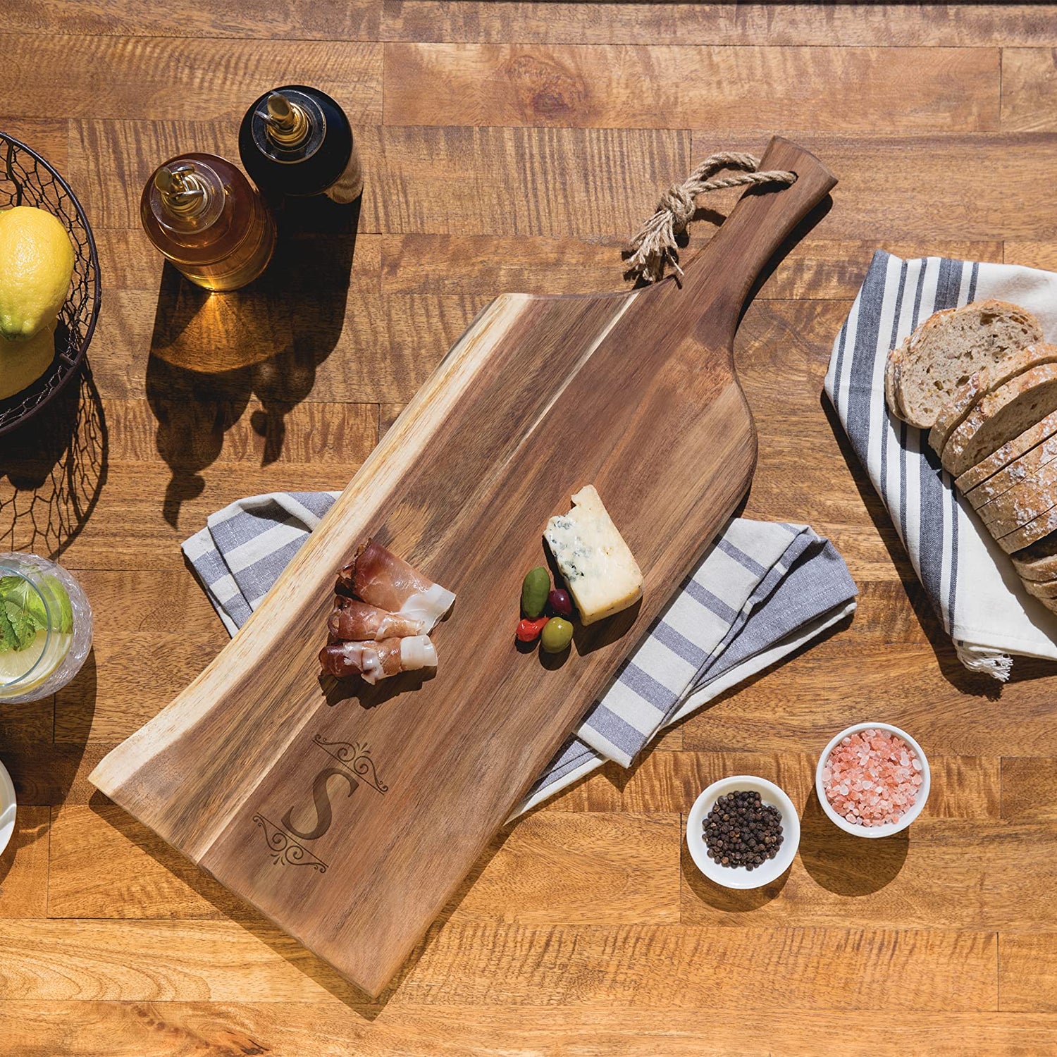 PICNIC TIME Monogram - S - Personalized Artisan 24" Acacia Charcuterie Board with Raw Wood Edge, Cheese Board, Serving Platter, (Acacia Wood) PICNIC TIME