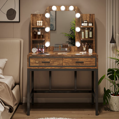 Mu Vanity Desk with Mirror & Lights, Makeup Vanity Table with 9 LED Lights 2 Drawers and 4 Storage Shelves, Vintage Vanity Set Makeup Table for