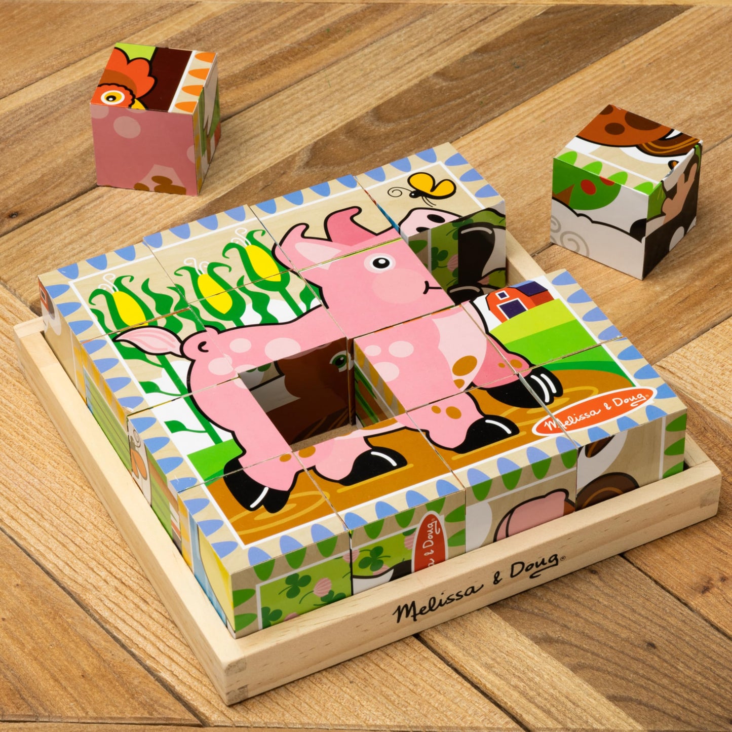 Melissa & Doug Farm Wooden Cube Puzzle With Storage Tray - 6 Puzzles in 1 (16 pcs) - Toddler Animal Puzzle -FSC-Certified Materials, 8.25 x 8.2 x - WoodArtSupply