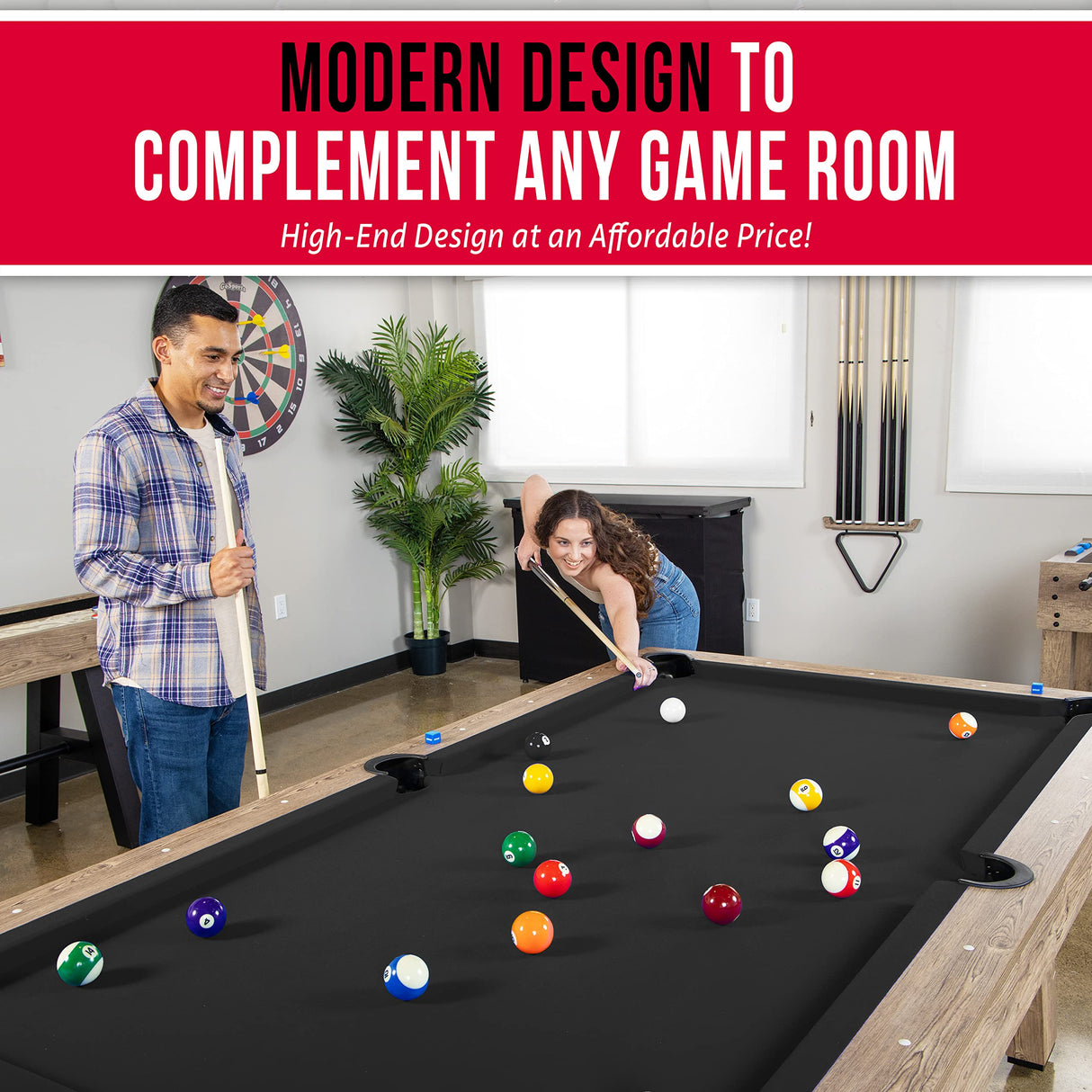 GoSports 8 ft Pool Table with Wood Finish - Modern Billiards Table with 2 Cue Sticks, Balls, Rack, Felt Brush and Chalk - Choose Your Style GoSports