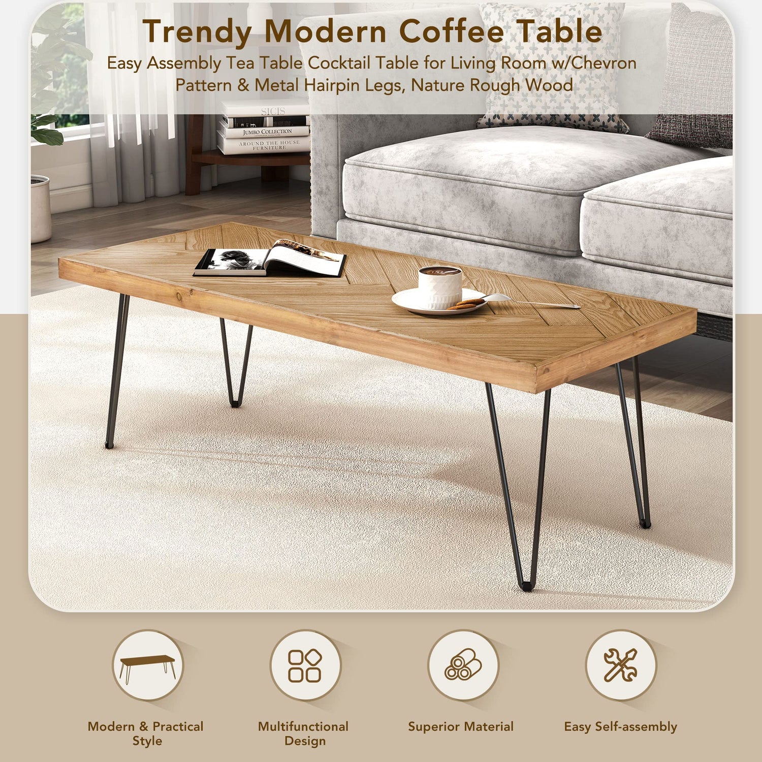 Modern Wood Coffee Table, Nature Cocktail Table for Living Room Chevron Pattern & Metal Hairpin Legs, Nature Rustic Rectangular Table P PURLOVE