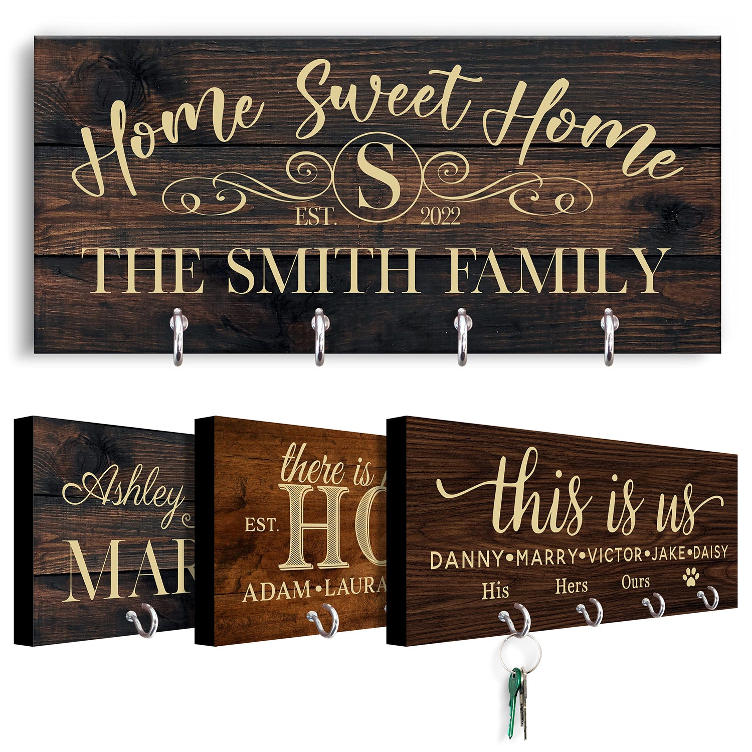 Personalized Key Holder for Wall - Custom Key Hanger with Family Name | 12 Designs, 8 Background Options | House Warming Presents for New Home, Brd Gifts