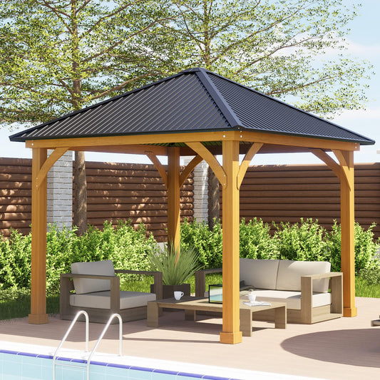 Aoodor 10 x 10 ft. Outdoor Solid Wooden Frame Gazebo with Galvanized Metal Hardtop Roof, for Patio Backyard Deck and Lawns - Black Canopy