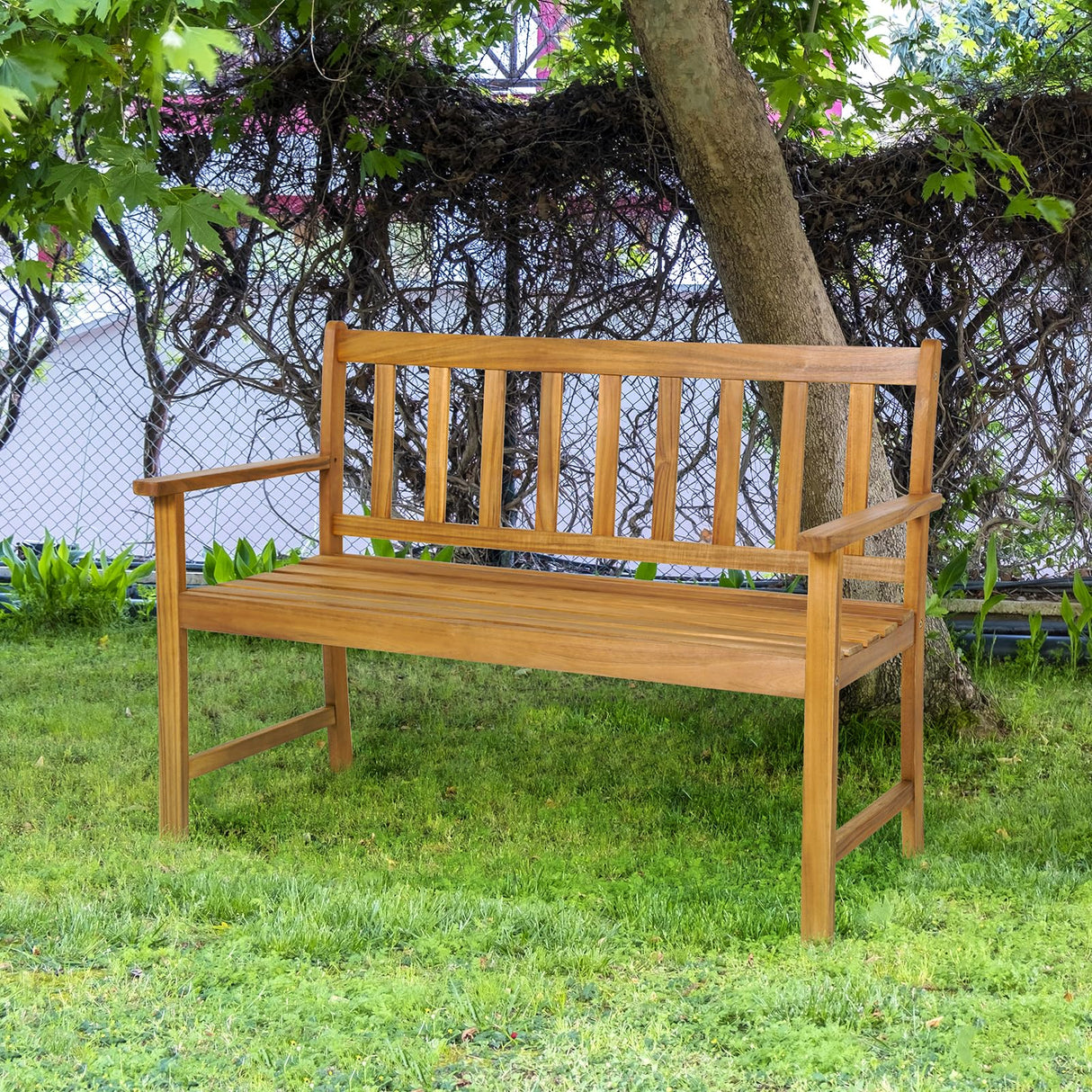 Tangkula Natural Acacia Wood 2-Person Garden Bench with Backrest and Armrests Tangkula