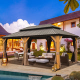 Domi Hardtop Gazebo 12’x20’ Cedar Frame Wood Gazebo with Galvanized Steel Double Roof, Outdoor Permanent Metal Gazebo with Curtains and Netting for domi outdoor living