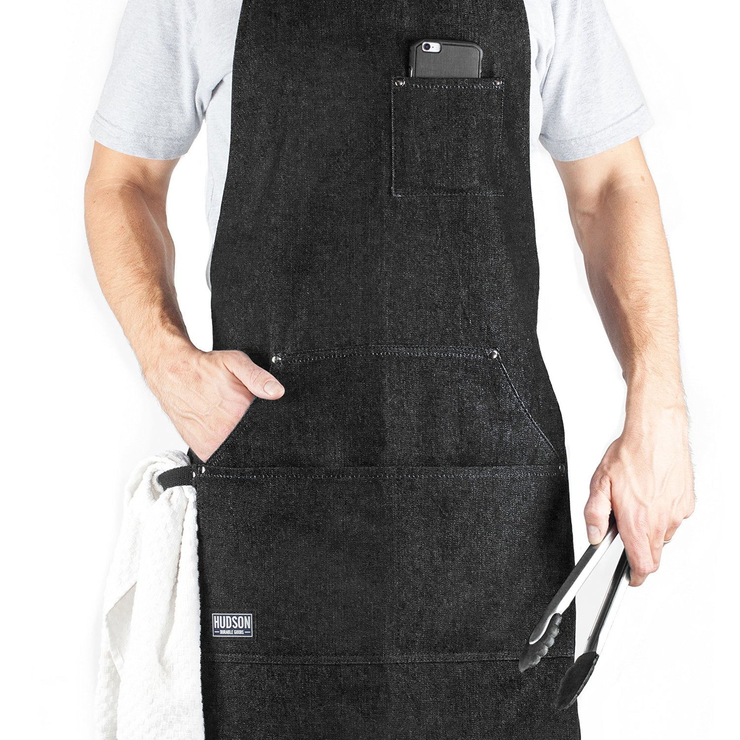 Hudson Durable Goods Adjustable Crossback Denim Apron with Pockets – 34 x 27 In. Chefs Apron with 4 Pockets and Loop Fits Most – Black Denim Apron Hudson Durable Goods