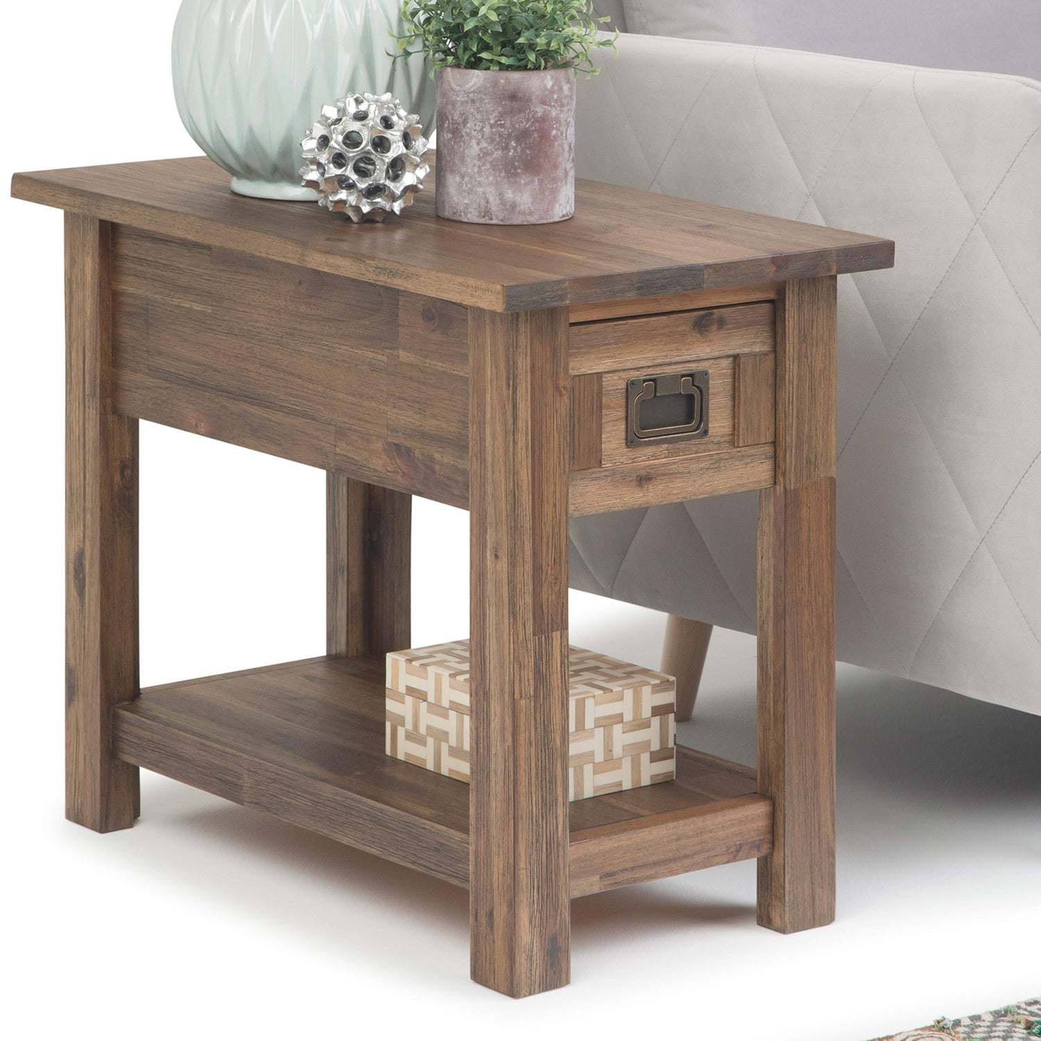 SIMPLIHOME Monroe SOLID ACACIA WOOD 14 Inch Wide Rectangle Rustic Narrow Side Table in Rustic Natural Aged Brown, For the Living Room and Bedroom SIMPLIHOME