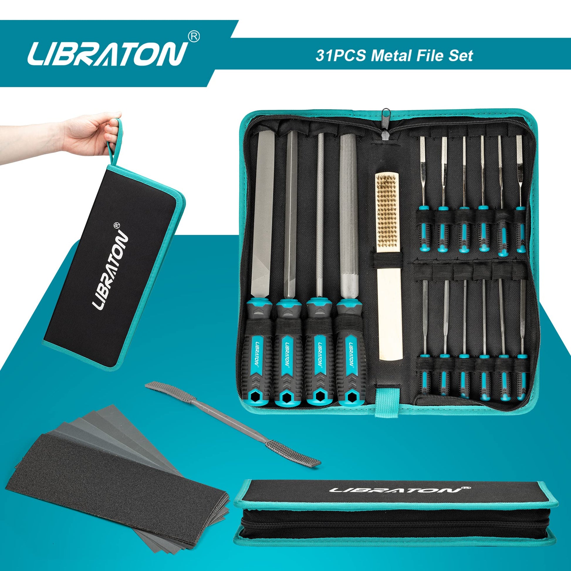 Libraton 31PCs Metal File Set, Metal Files, Metal Files for Steel, 12 Needle Files with Case, Riffler File, 12 Sandpapers, Steel Brush, File Sets for - WoodArtSupply