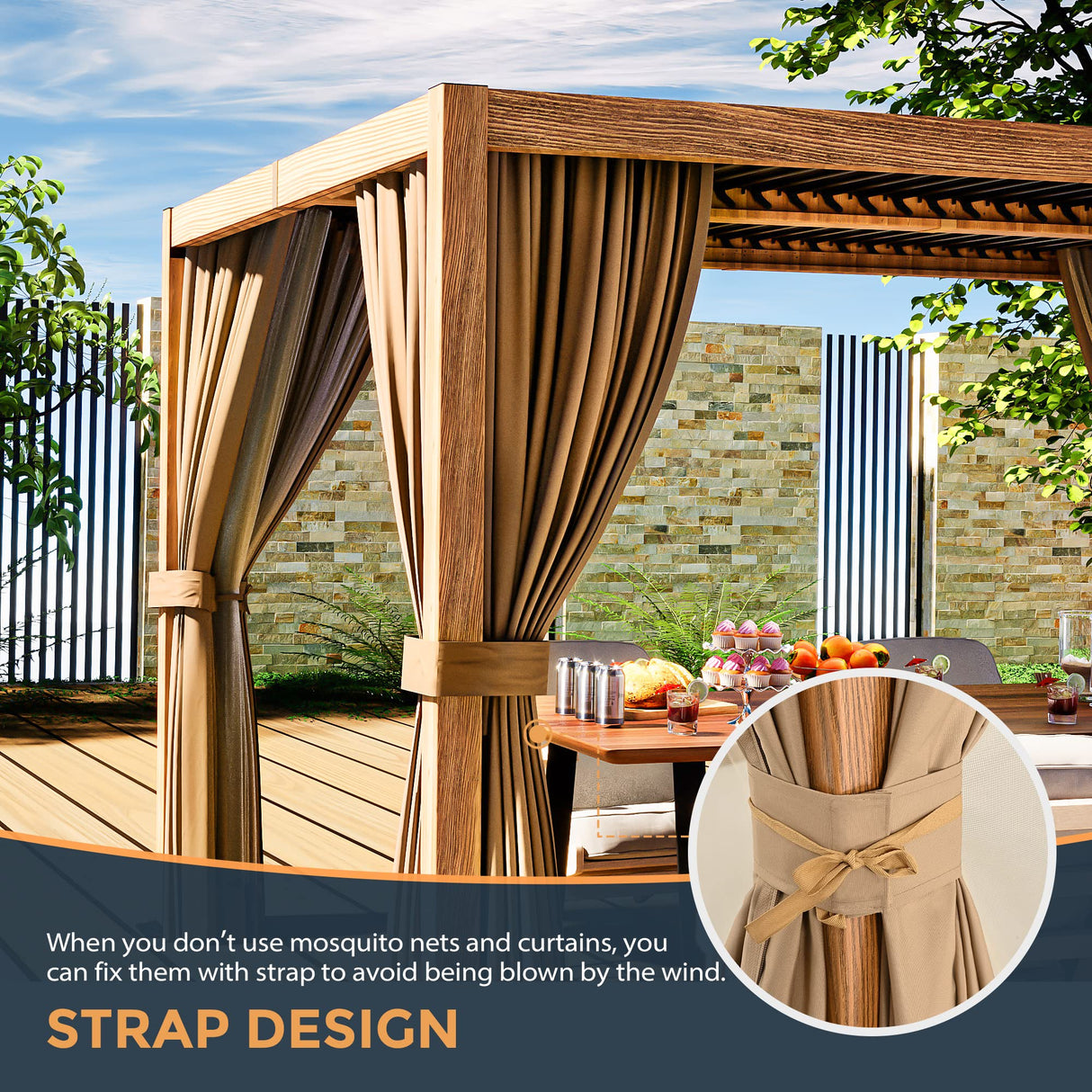 HAPPATIO Louvered Pergola 10x13 Outdoor Pergola, Woodgrain-Look Metal Pergola with Adjustable Rainproof Roof, Patio Pergola with Curtains and HAPPATIO