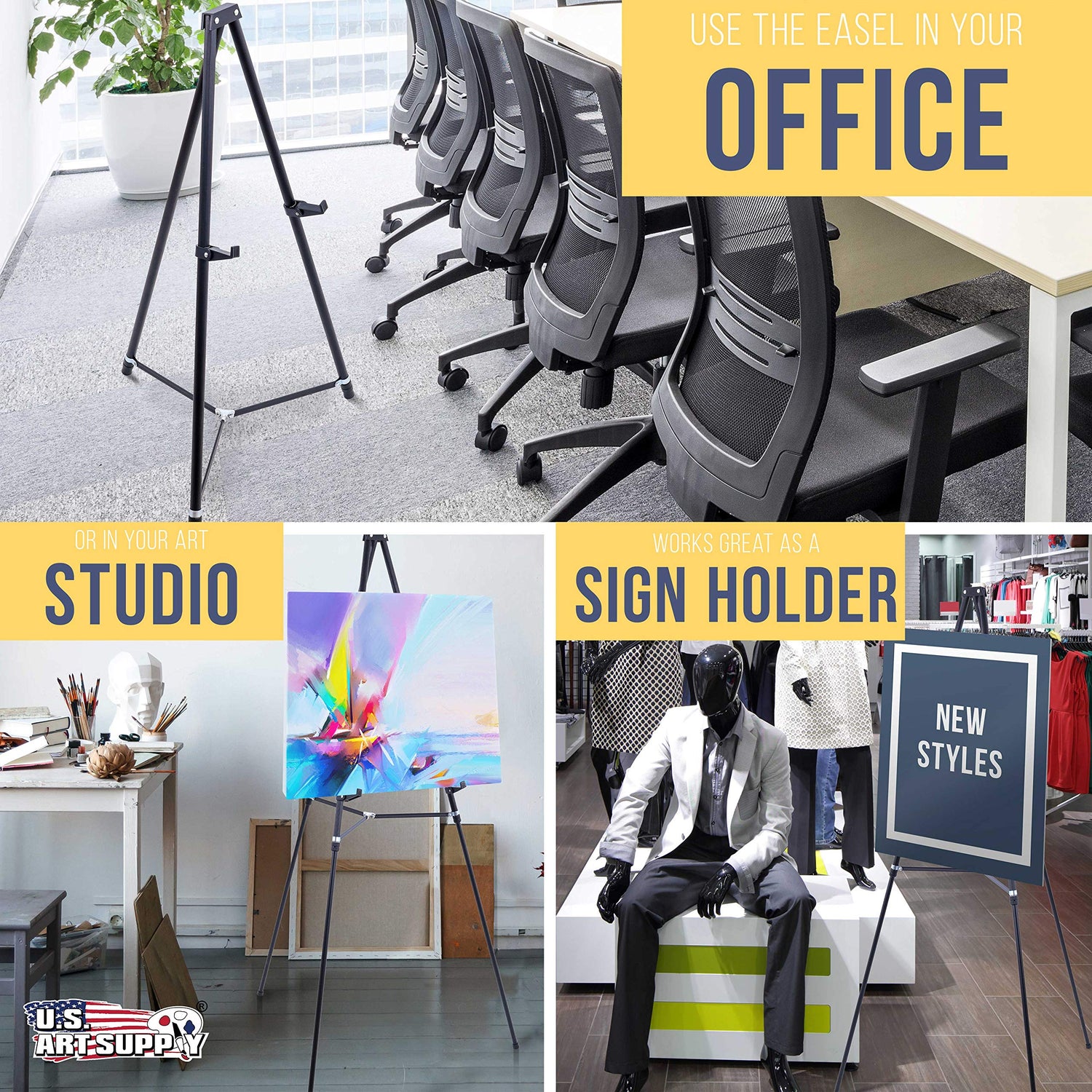 U.S. Art Supply 66" High Showroom Black Aluminum Display Easel and Presentation Stand - Large Adjustable Height Portable Tripod, Holds 25 lbs - Floor US Art Supply