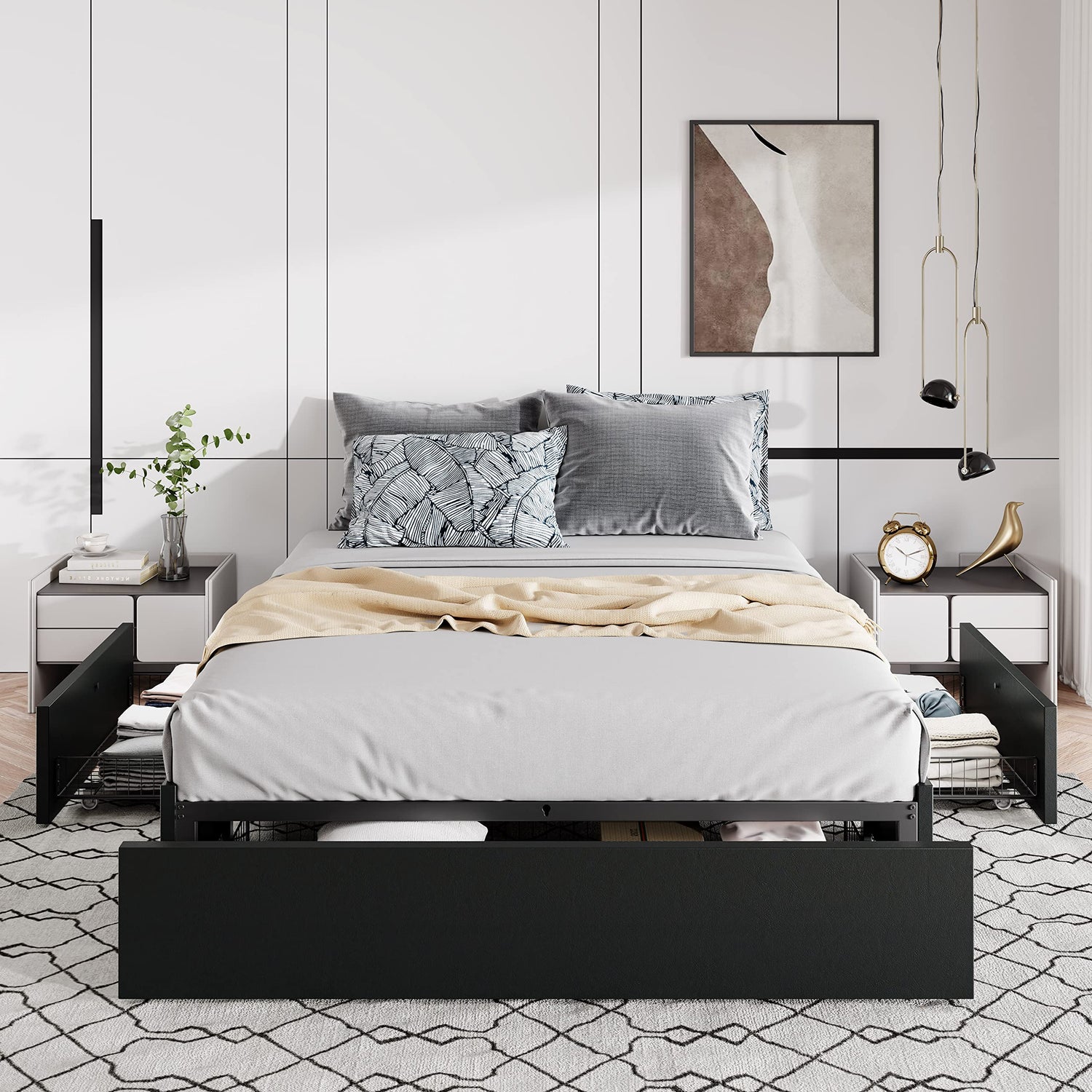 Allewie Queen Size Modern Platform Bed Frame with 3 Storage Drawers and Faux Leather Upholstery Allewie