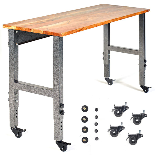 Fedmax Work Bench - 61" Rolling Portable Workbench for Garage - Metal with Acacia Hardwood Top, Adjustable Legs - WoodArtSupply