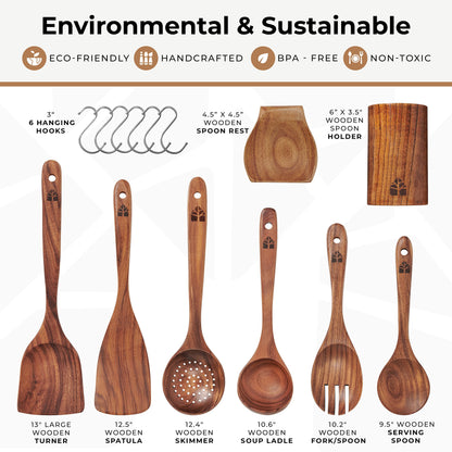 Wooden Spoons for Cooking – Wooden Utensils for Cooking Set with Holder, Spoon Rest & Hanging Hooks, Teak Wood Nonstick Kitchen Cookware – Durable - WoodArtSupply