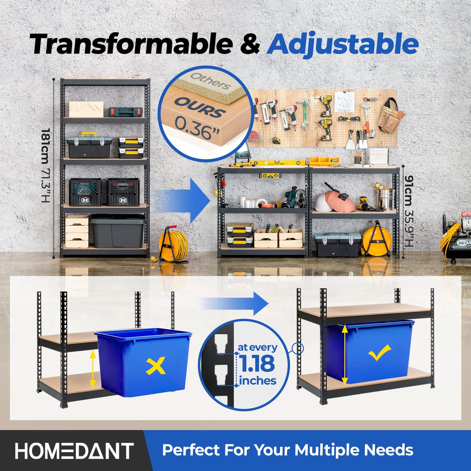 HOMEDANT 5 Tier Laminated Metal Shelving Unit Adjustable Garage Storage Utility Rack Heavy Duty Shelves Organization Multipurpose Shelf Warehouse HOMEDANT