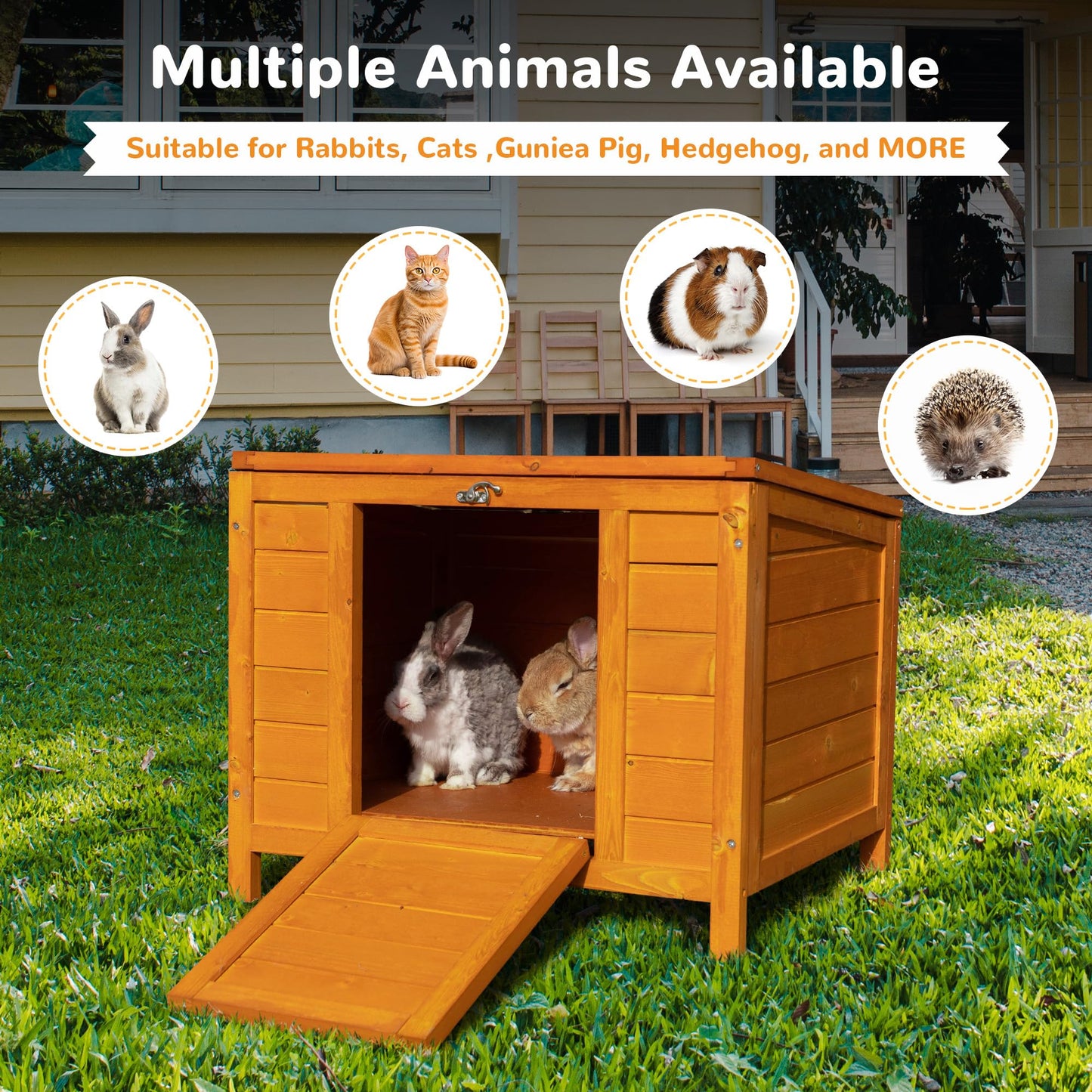 COZIWOW Fashion Wooden Small Animal House, Stable Outdoor Rabbit Hutch Weatherproof Bunny Cage Indoor, Insulated Pet Shelter for Cat Kitten Dog