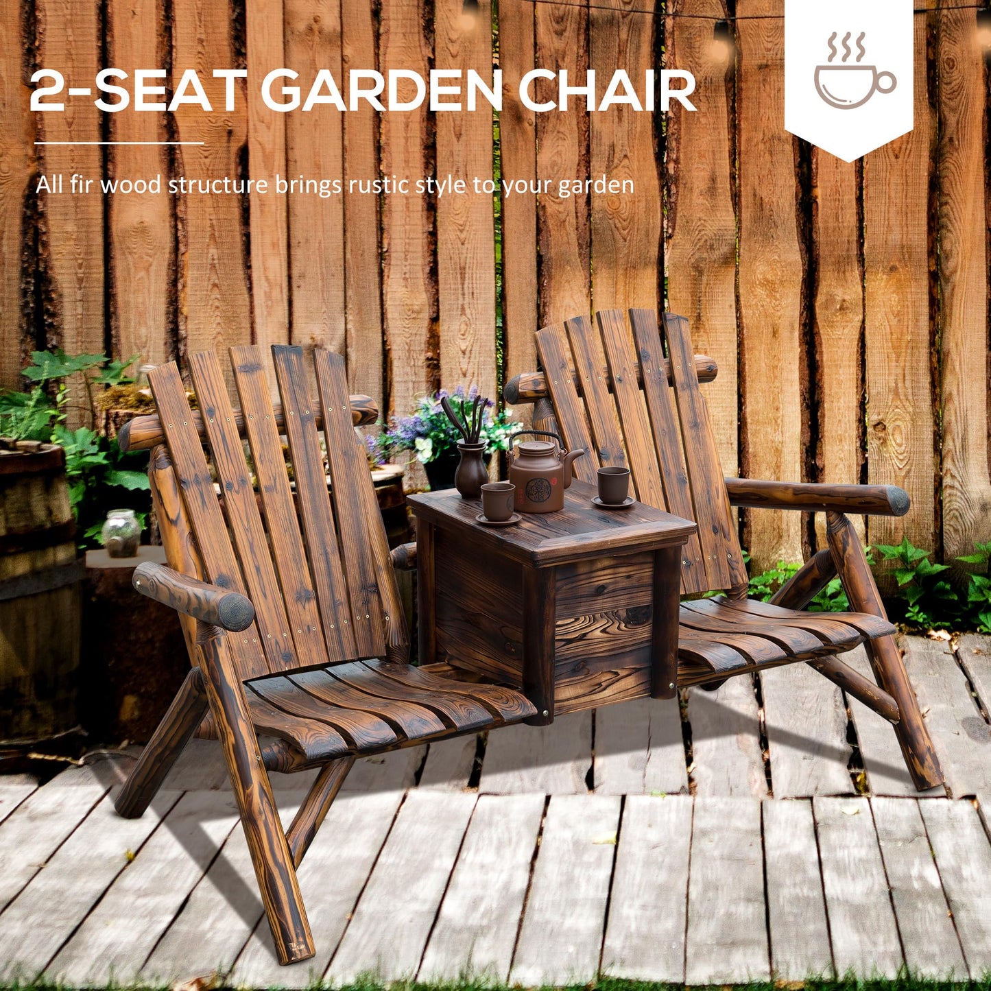 Outsunny Double Wooden Adirondack Chair with Ice Bucket, Outdoor Loveseat with High Backrest, Smooth Armrest, Rustic Brown - WoodArtSupply