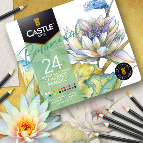 Castle Arts Themed 24 Colored Pencil Set in Tin Box, perfect colors for ‘Botanical’ Art. Featuring quality, smooth colored cores, superior blending & Castle Art Supplies