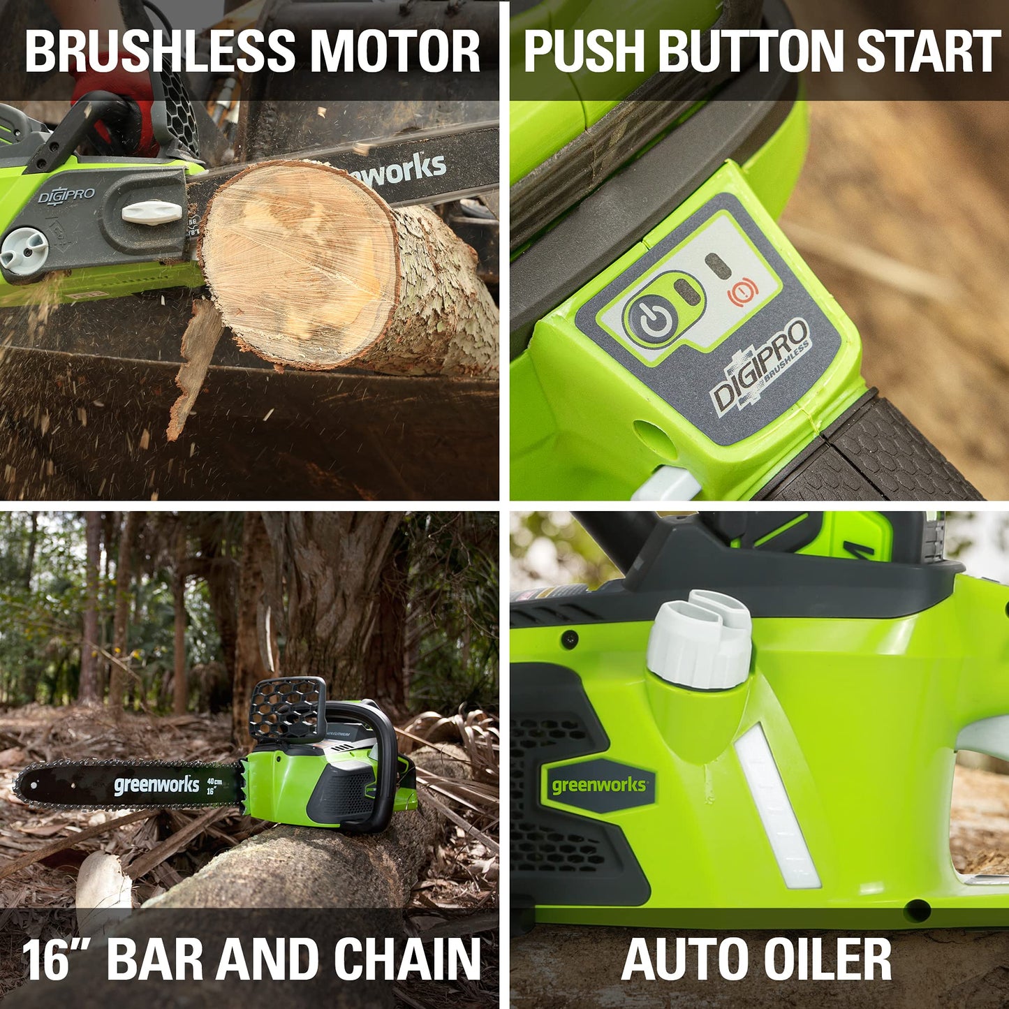 Greenworks 40V 16" Brushless Cordless Chainsaw (Great For Tree Felling, Limbing, Pruning, and Firewood / 75+ Compatible Tools), 4.0Ah Battery and