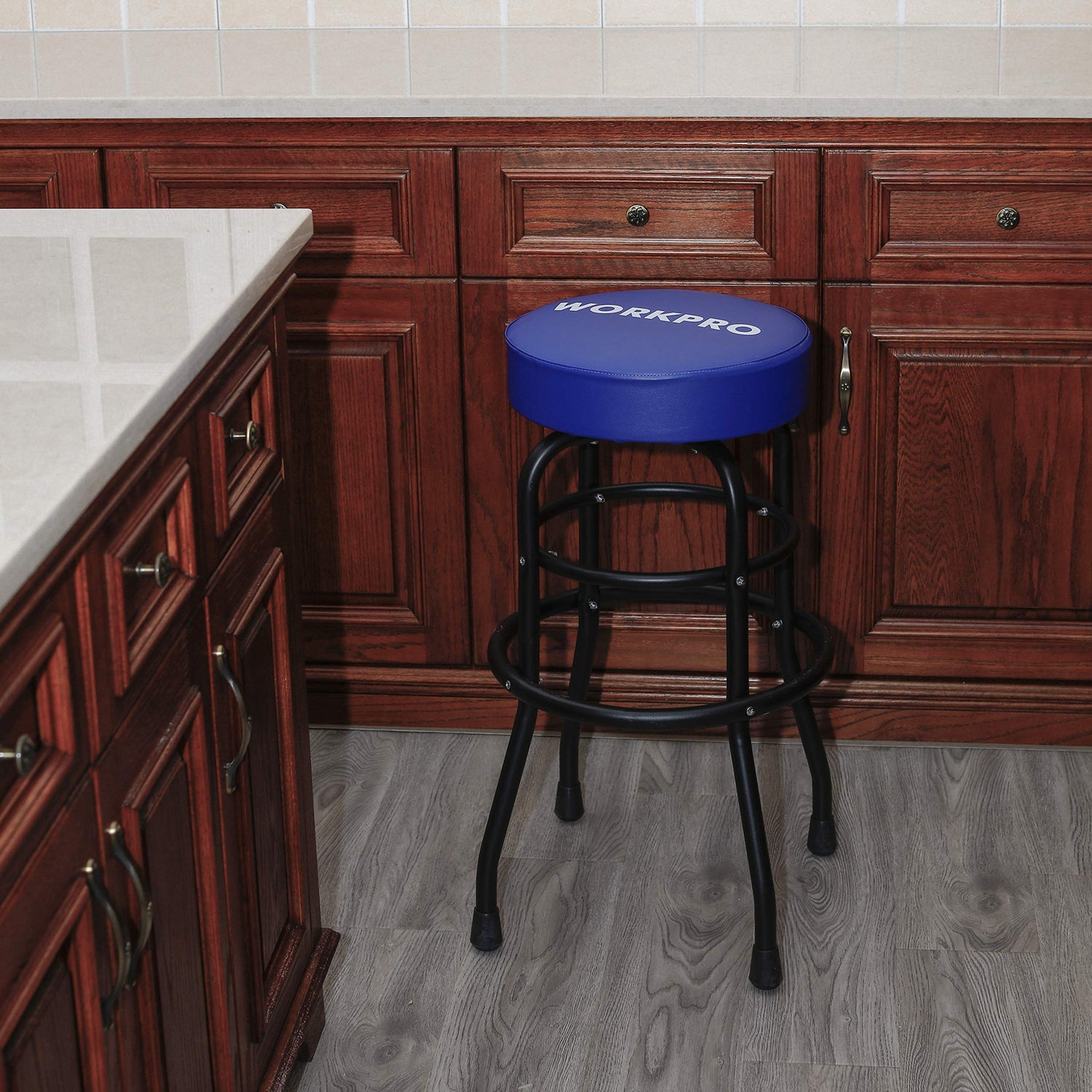 WORKPRO W112003 Garage Shop Stool, Heavy-Duty Steel Construction Garage Stool, Swivel Cushion Seat, Black Powder Coated Legs & Footrest (Single Pack) WORKPRO