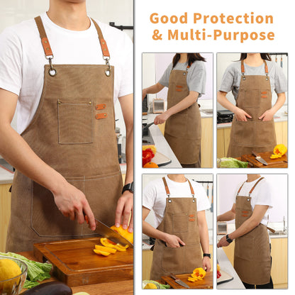 Tosewever Canvas Cross Back Chef Apron for Men Women with Adjustable Straps Large Pockets, Waterdrop Kitchen Heavy Duty Cotton Aprons for Tool - WoodArtSupply