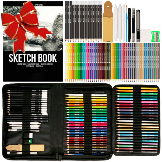 Zenacolor 74 Pack Drawing Set, Pro Art kit include Sketchbook, Colored, Graphite, Watercolor, Metallic & Charcoal Pencils for Drawing + Accessories,