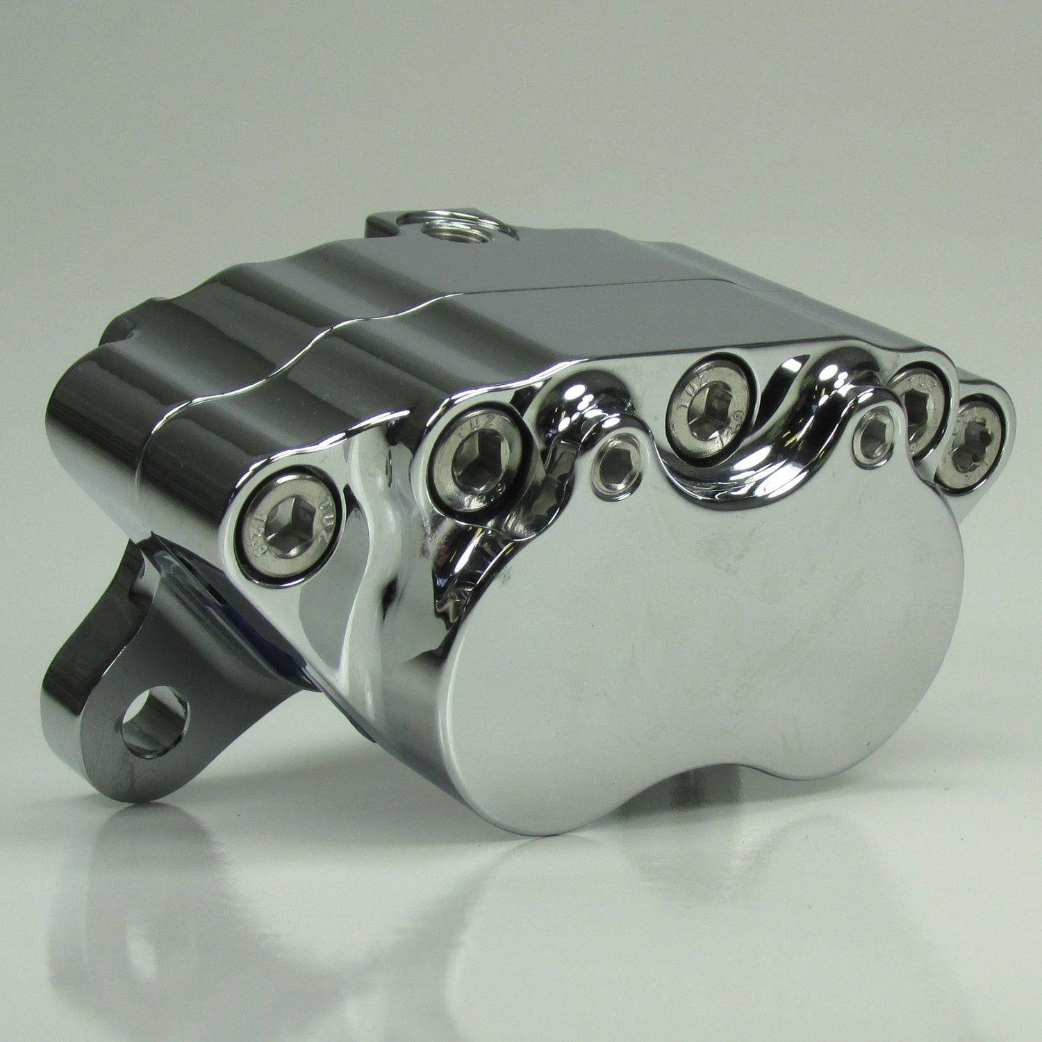 Chrome Ultima 4-piston Billet Aluminum Motorcycle Brake Caliper WITH PADS - Mounting Kits Also Available - Harley Chopper Bobber Cafe Racer Billet Proof Designs