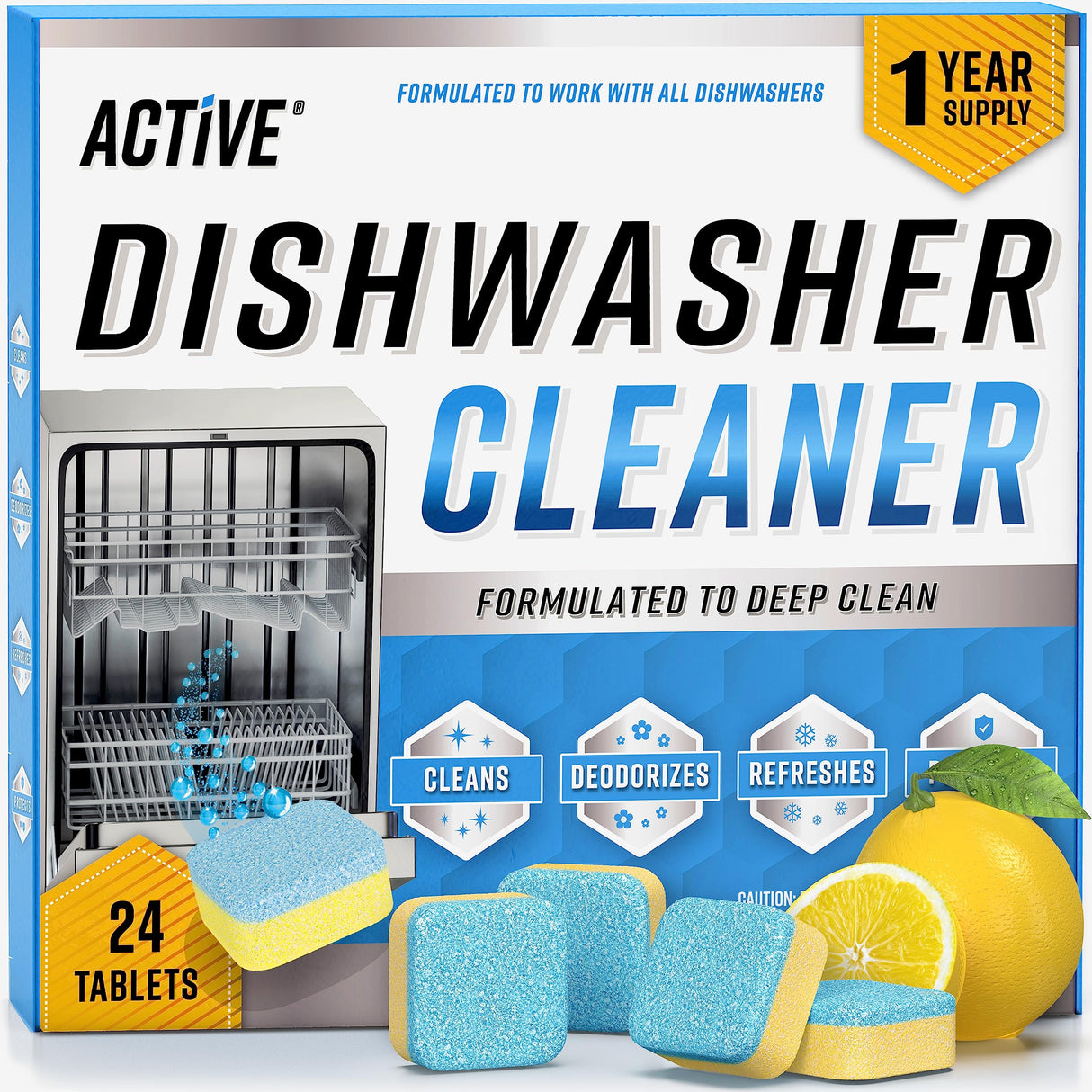 Dishwasher Cleaner And Deodorizer Tablets - 24 Pack Deep Cleaning Descaler Pods for Dish Washer Machine, Heavy Duty, Septic Safe, Natural Limescale ACTIVE