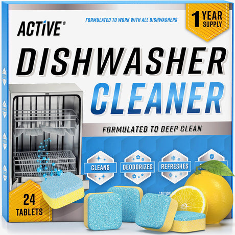 Dishwasher Cleaner And Deodorizer Tablets - 24 Pack Deep Cleaning Descaler Pods for Dish Washer Machine, Heavy Duty, Septic Safe, Natural Limescale ACTIVE