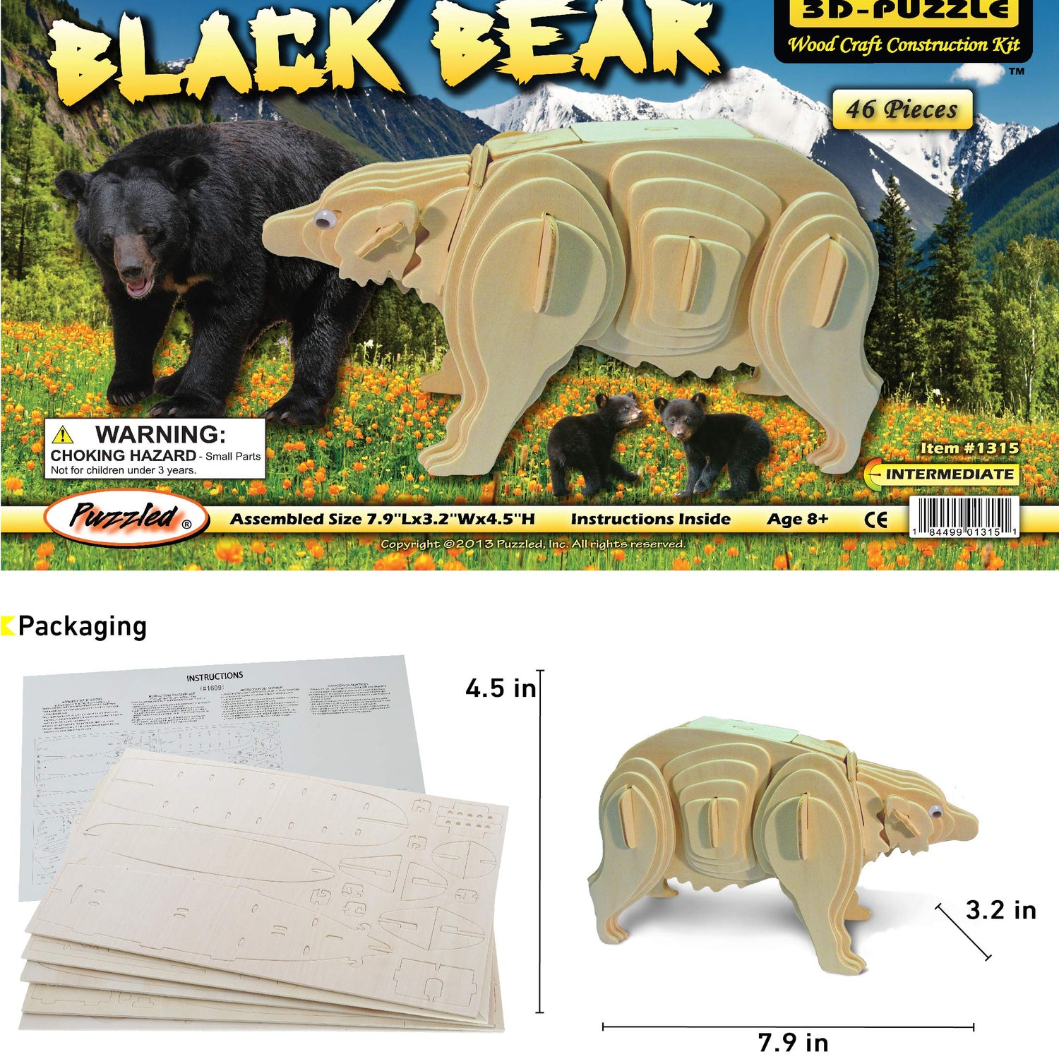 Puzzled 3D Puzzle Black Bear Wood Craft Construction Model Kit, Fun & Educational DIY Animal Wooden Toy Assemble Model Unfinished Crafting Hobby Puzzled