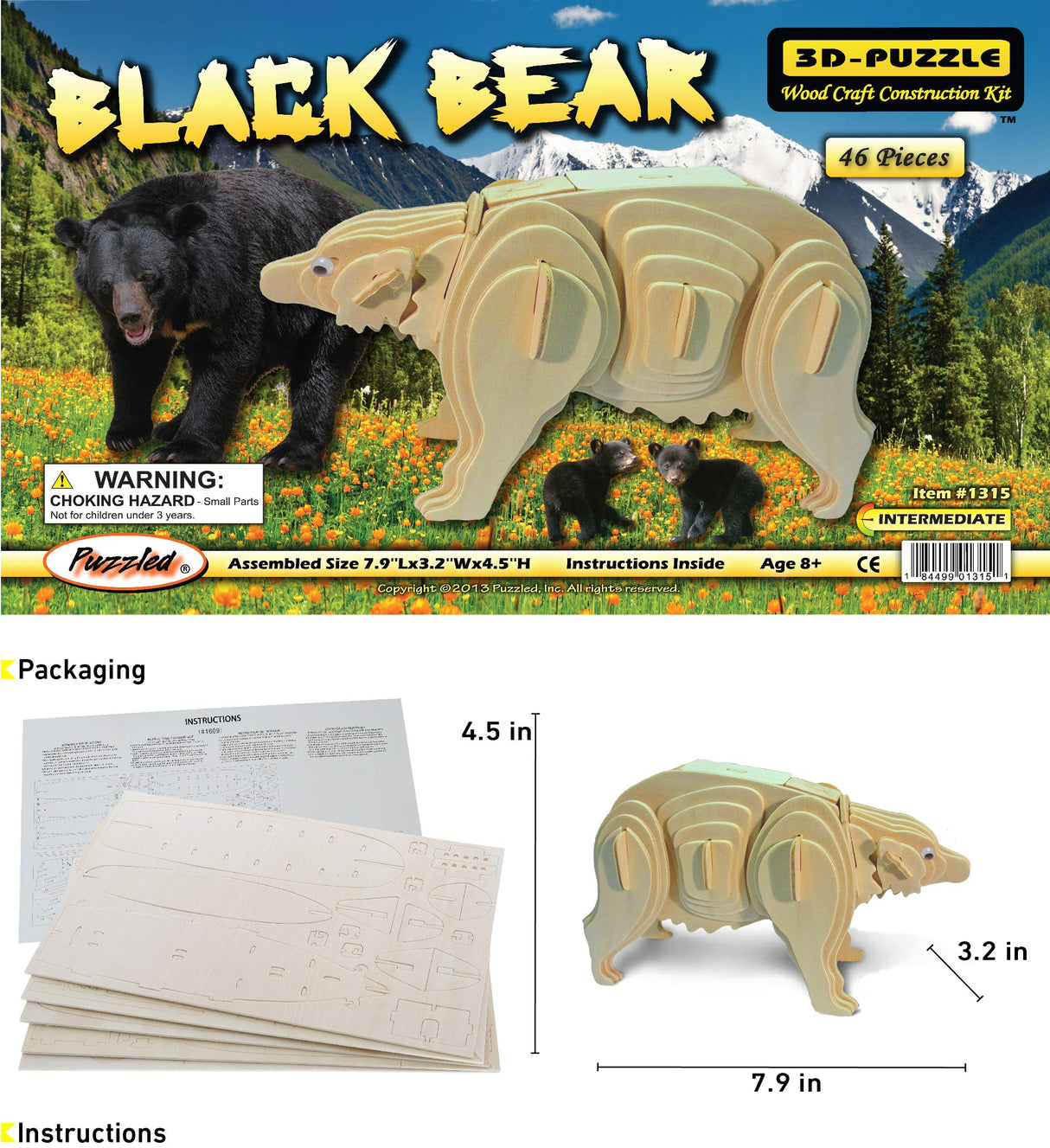 Puzzled 3D Puzzle Black Bear Wood Craft Construction Model Kit, Fun & Educational DIY Animal Wooden Toy Assemble Model Unfinished Crafting Hobby Puzzled