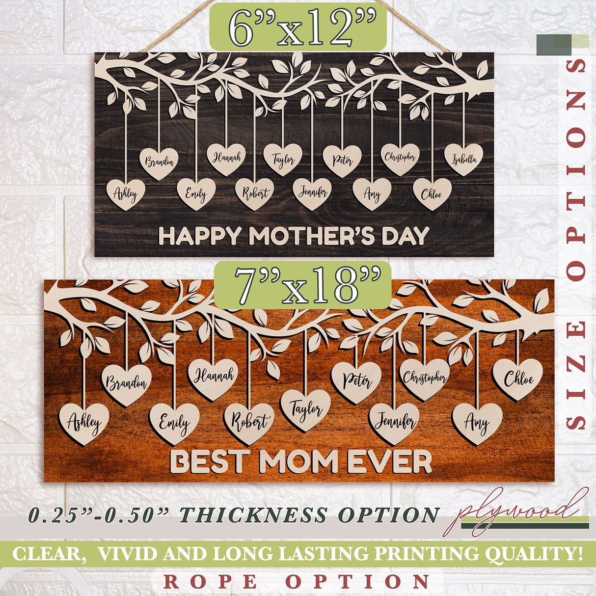 Personalized Family Tree w/Names for Mothers Day Gifts - 4 Colors 7x18in Customized Wood Signs Decor for Best Mom Ever Mother Gifts Custom Mommy Generic